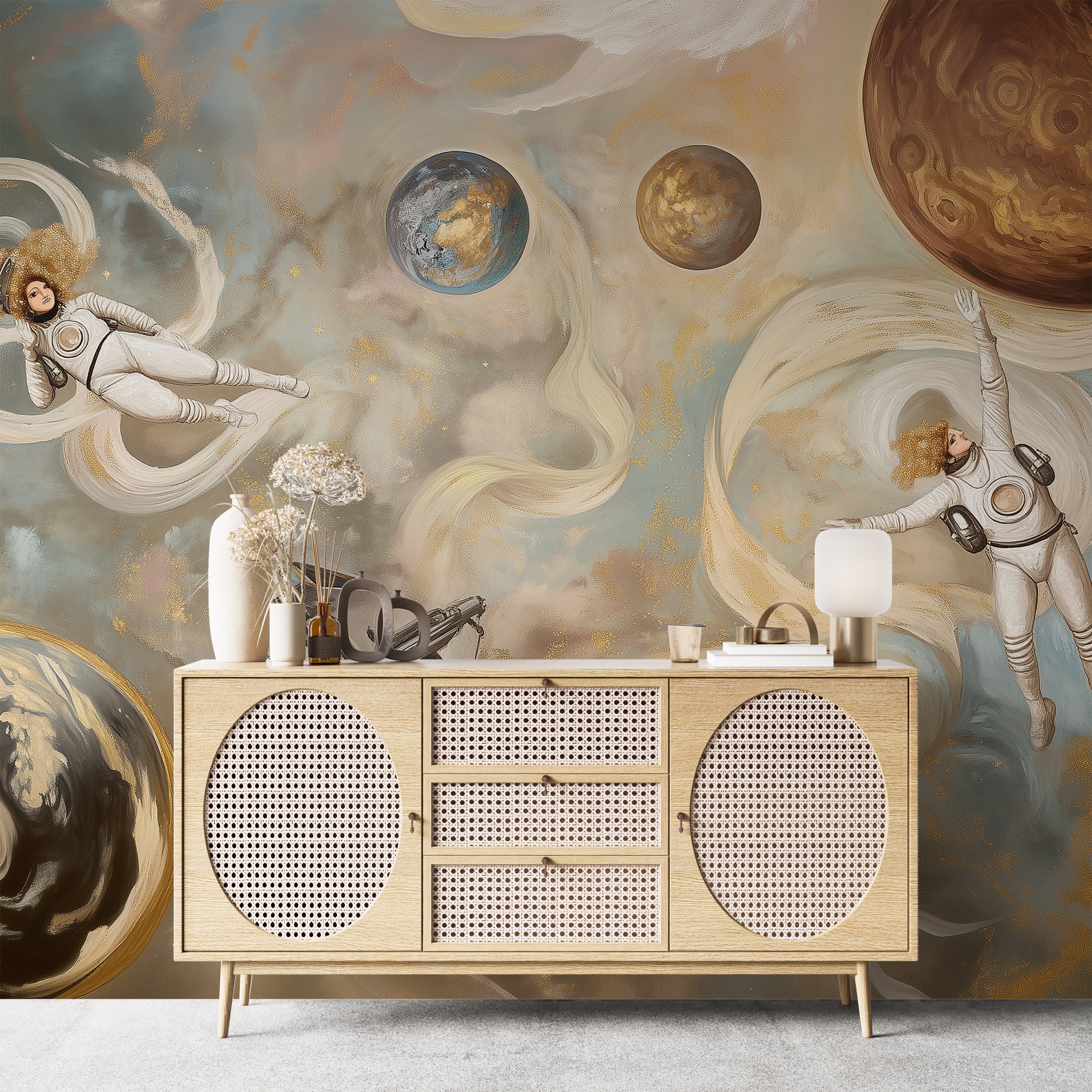 Removable galaxy mural with celestial elements.
Space wall mural featuring astronaut and stars.