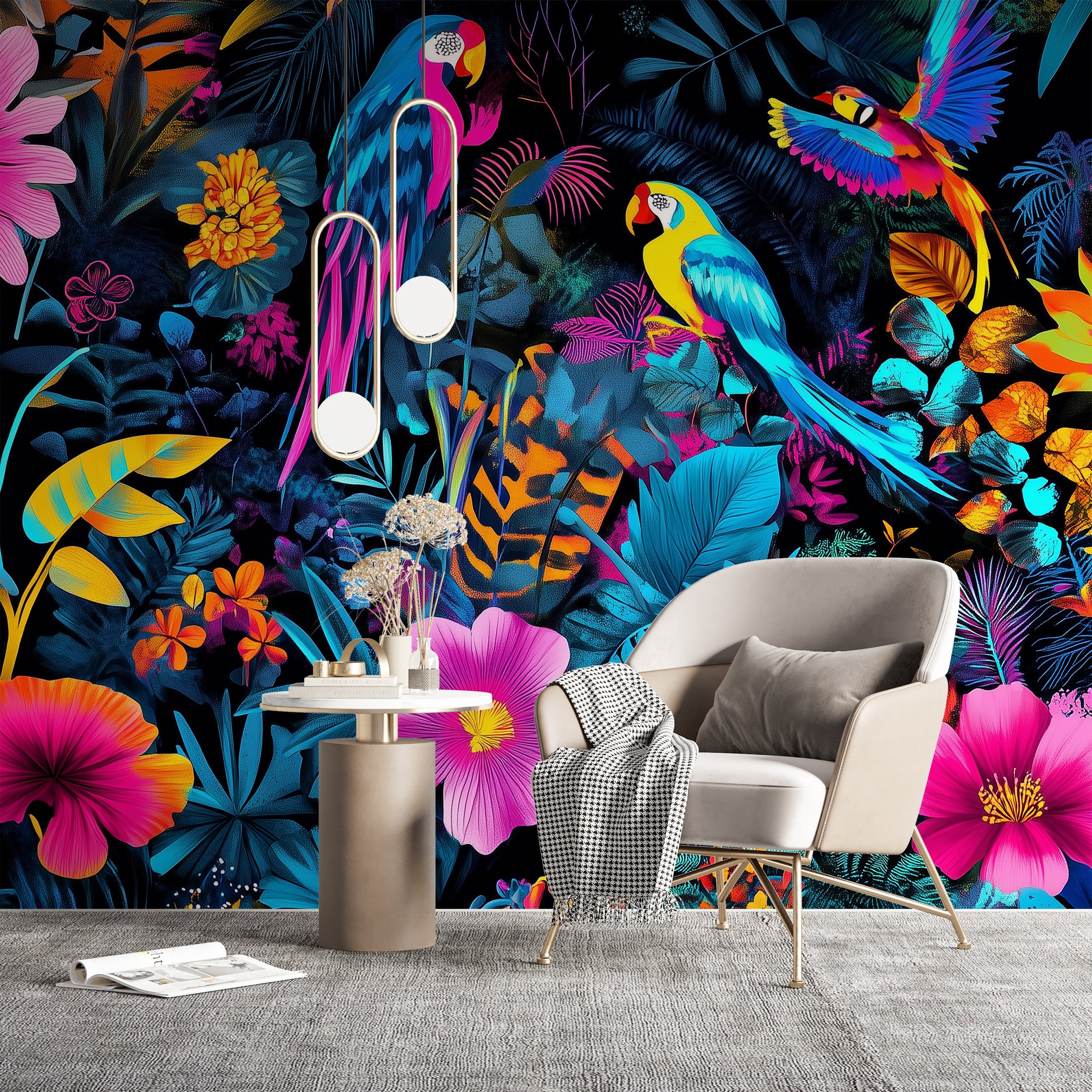 Colorful Neon Wall Mural, Bright Jungle Wallpaper, Peel and Stick Parrots and Flowers Mural, Removable Multi Color Forest