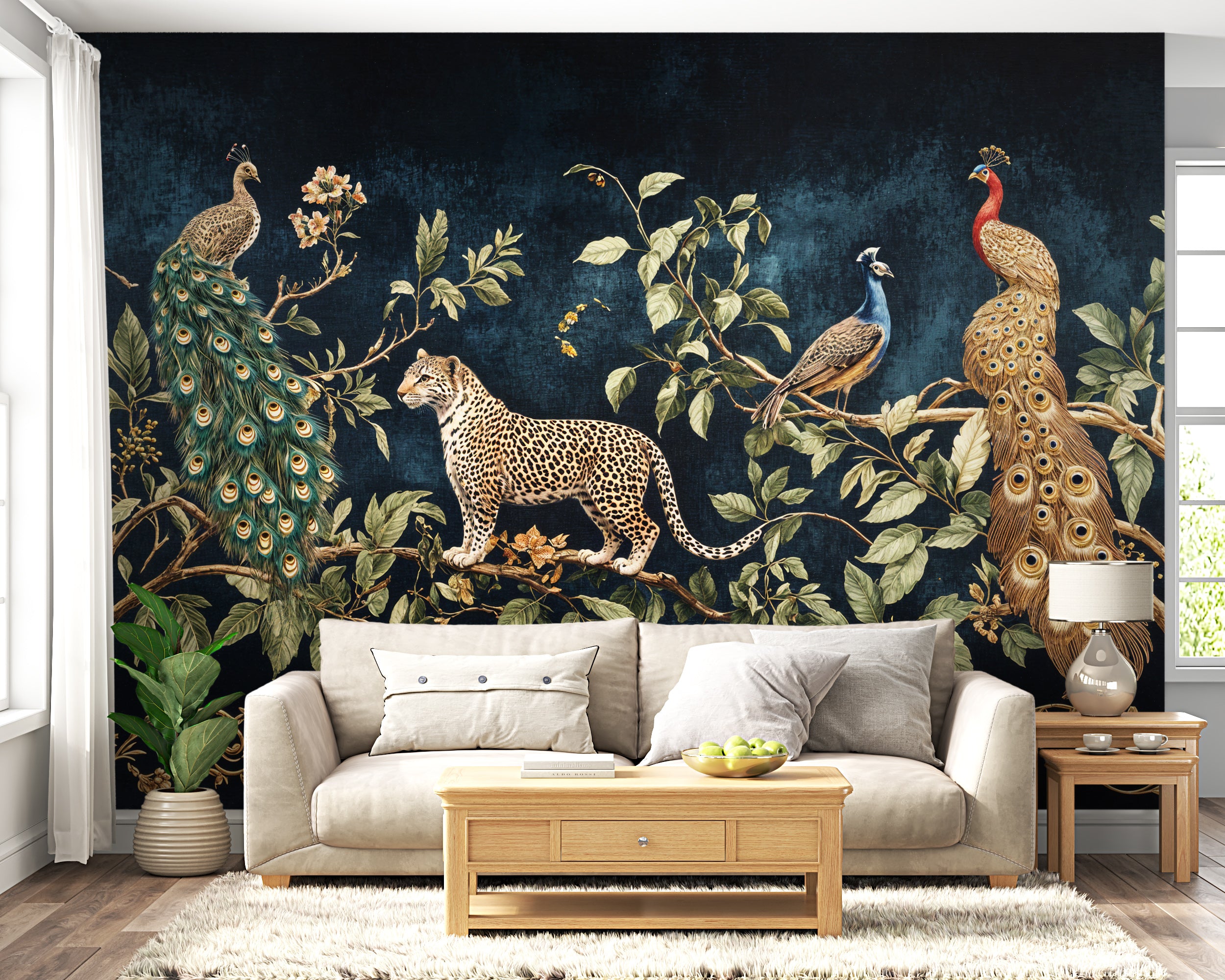 Dark Chinoiserie Wall Mural, Peacock and Leopard Vintage Wallpaper, Dark Blue and Gold Luxury Exotic Tropical Mural