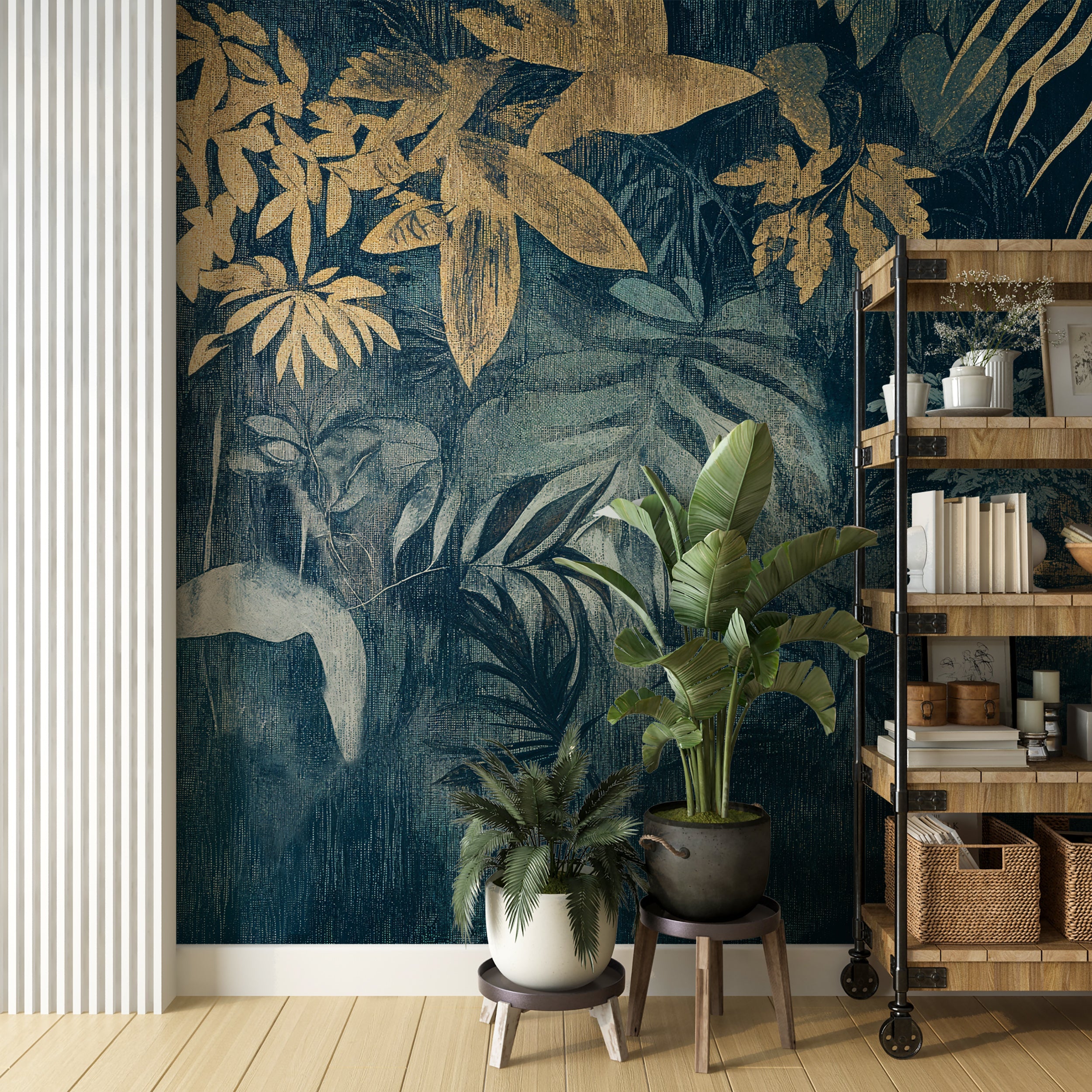 Aged tropical wall mural with blue and gold tones.
Classic botanical wallpaper with washed-out colors.