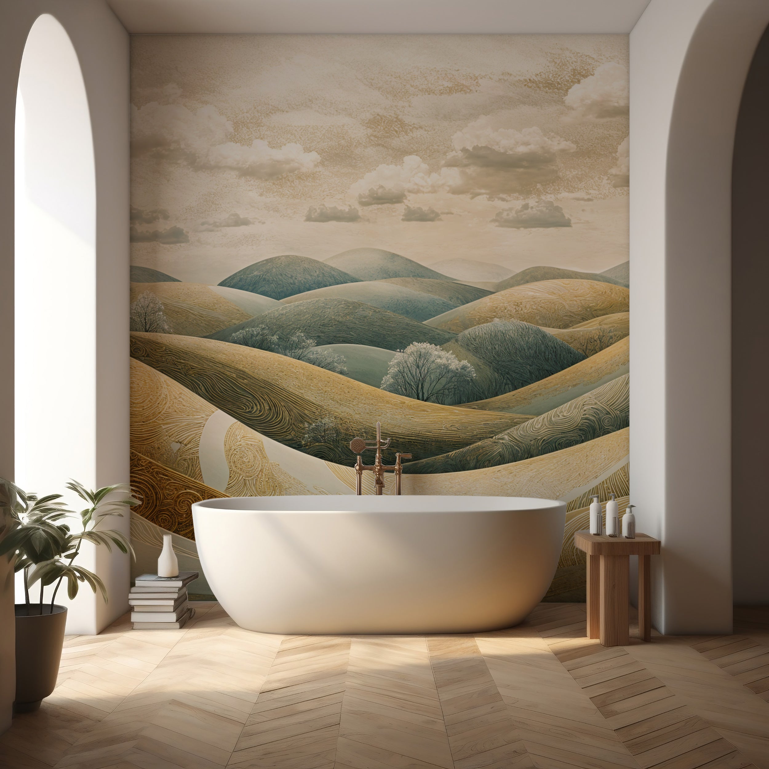 Meadow Hills Wall Mural, Highly Detailed Landscape Art, Peel and Stick Removable Beige Wallpaper