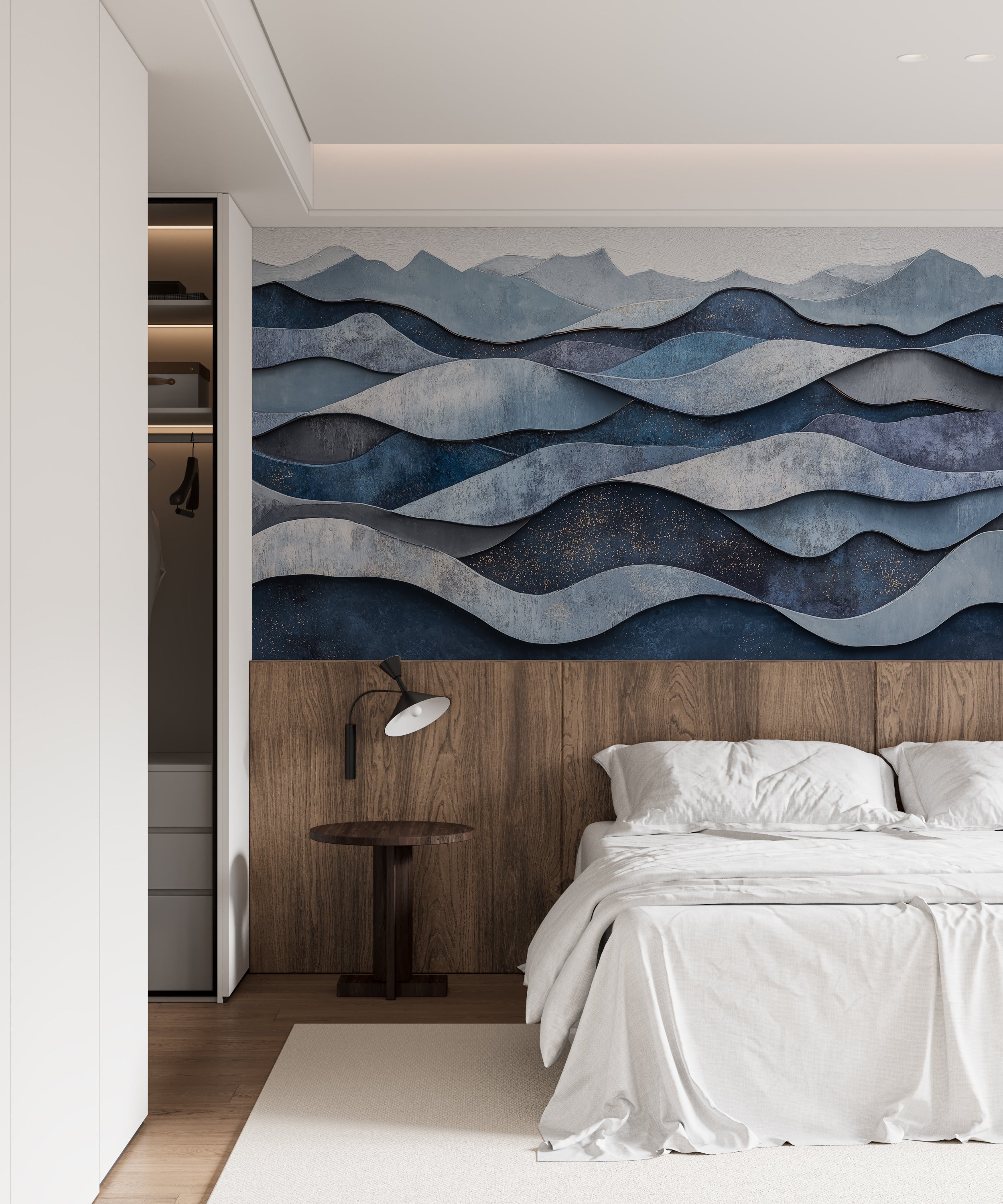 Abstract movement-inspired wall art for interiors.
Removable flowing line art wallpaper in blue tones.