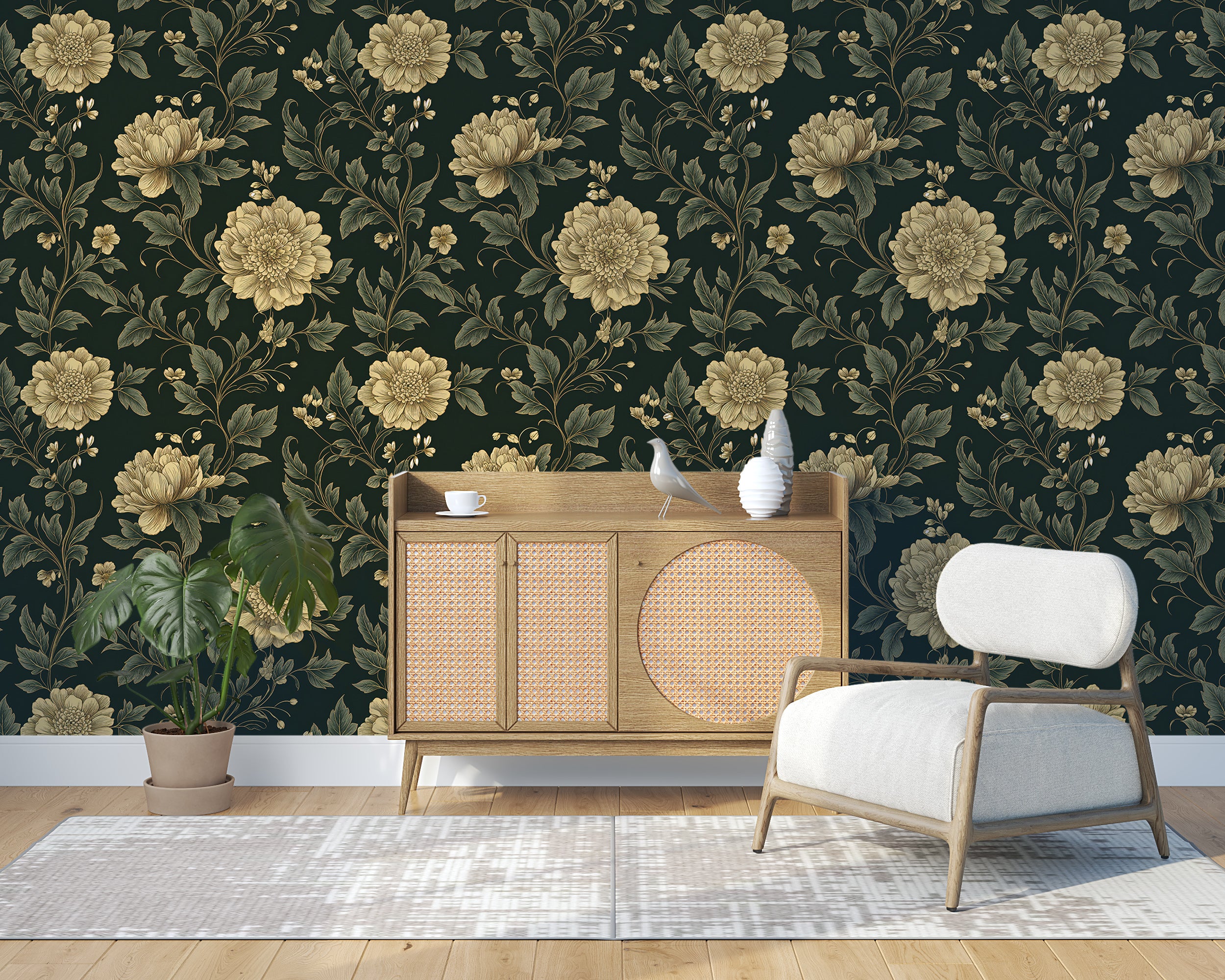 Elegant peony wallpaper for home decor.
Dark botanical wallpaper for sophisticated interiors.