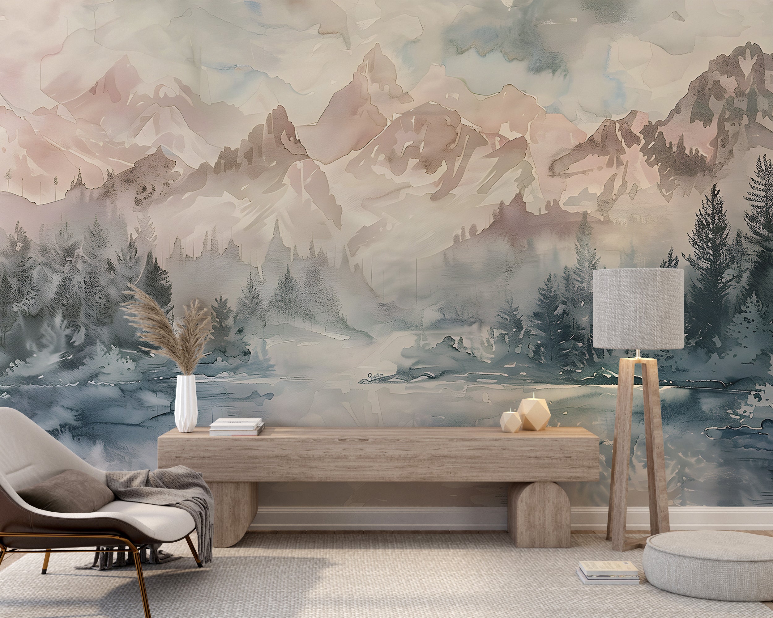 Soft Colors Mountain Lake Peel and Stick Wallpaper Pastel Nature Landscape Wall Mural