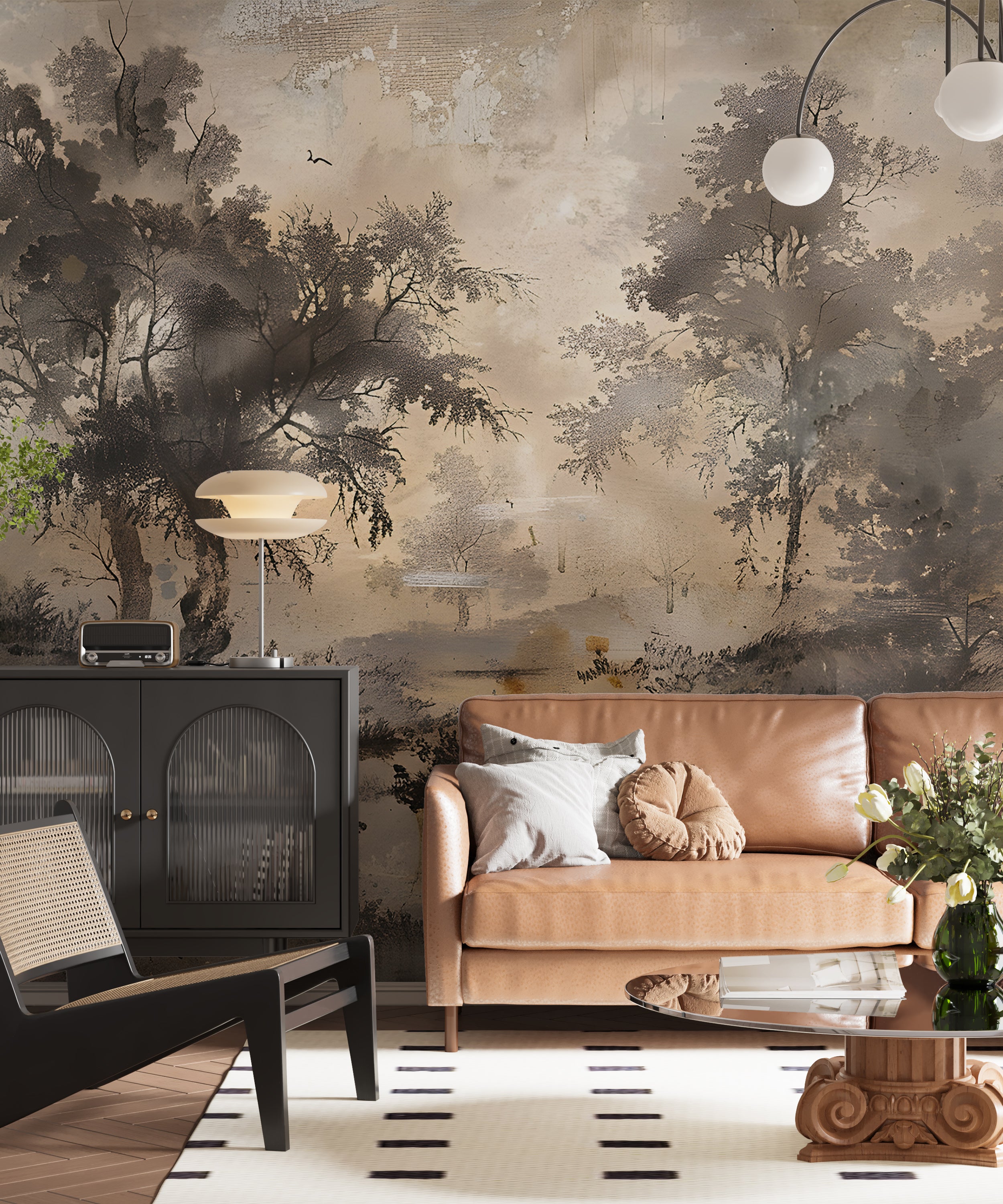 Vintage Style Trees Wallpaper for Rustic Decor Misty Forest Wall Decal in Watercolor Style