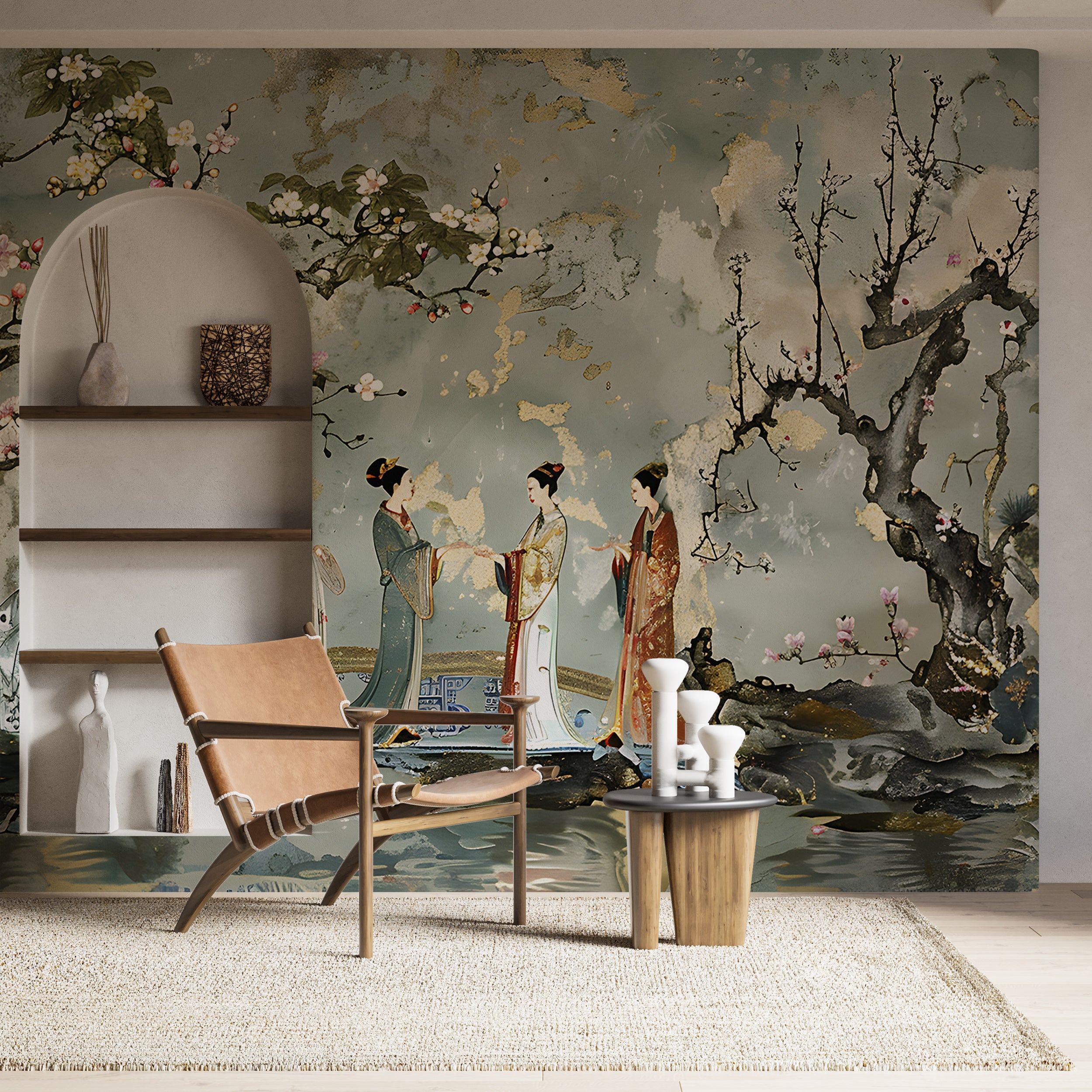 Traditional Japanese Art Chinoiserie Wallpaper Vintage Style Sakura Tree Mural
