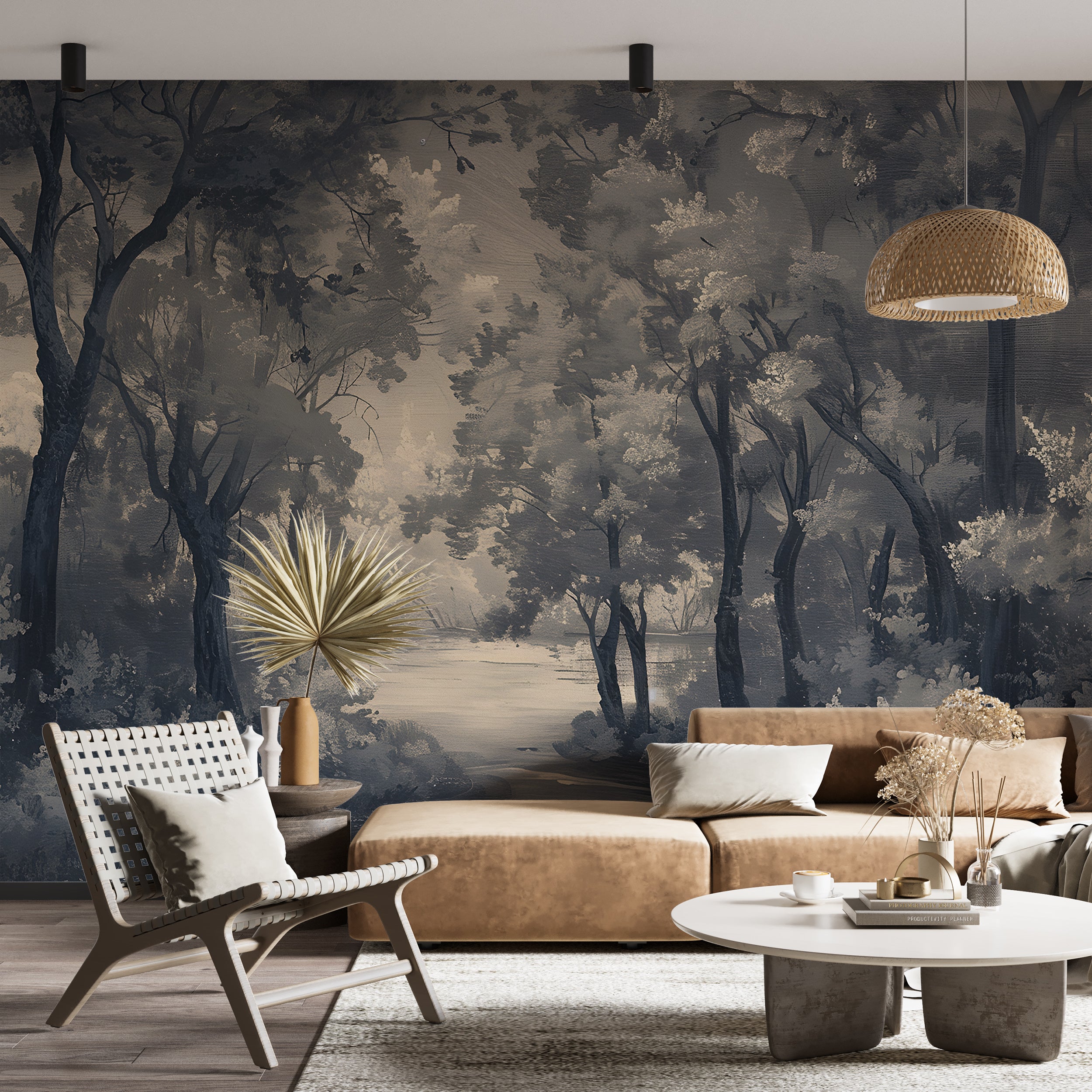 Dark forest peel and stick wallpaper Black trees wall mural
