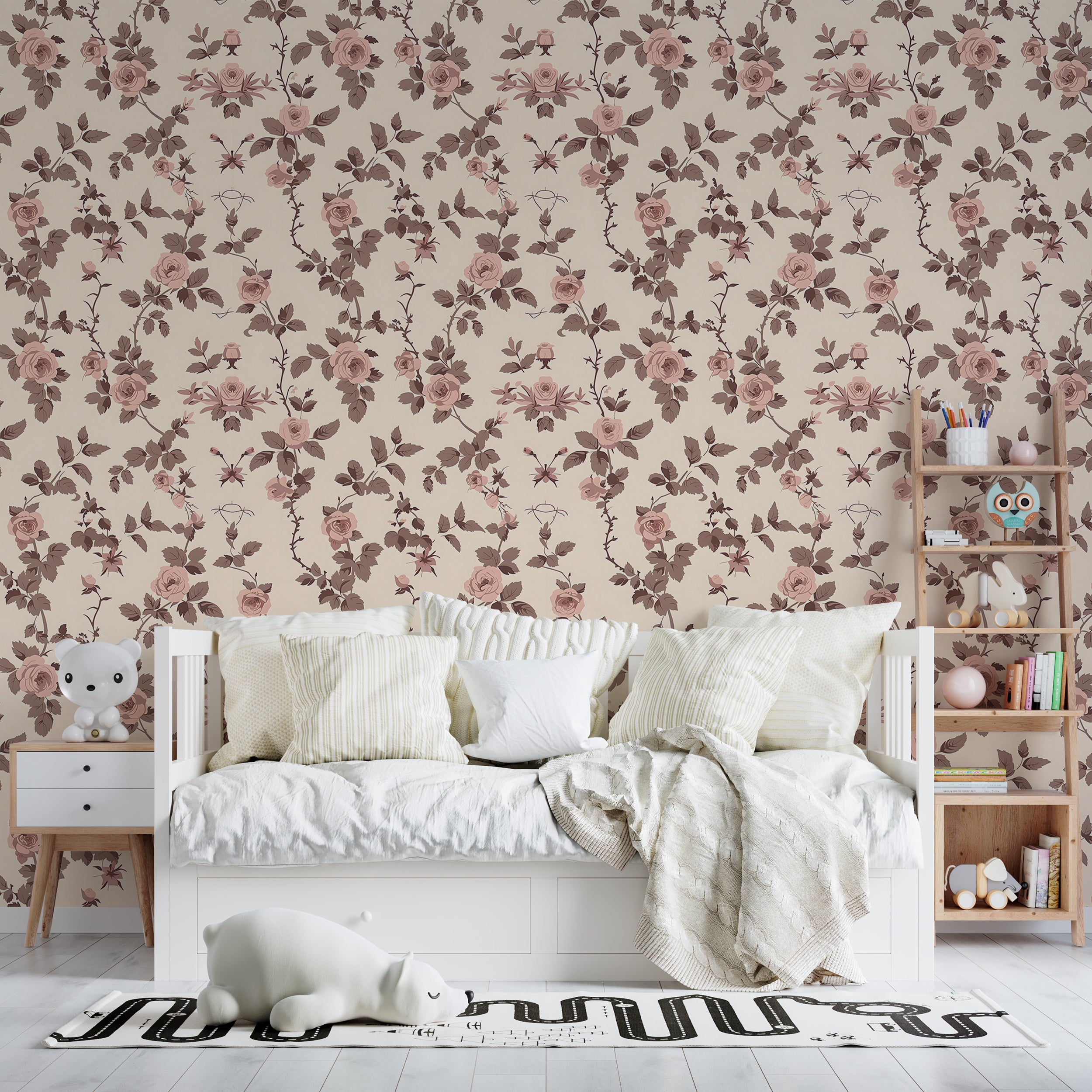 Peel and stick wallpaper featuring charming rose motifs