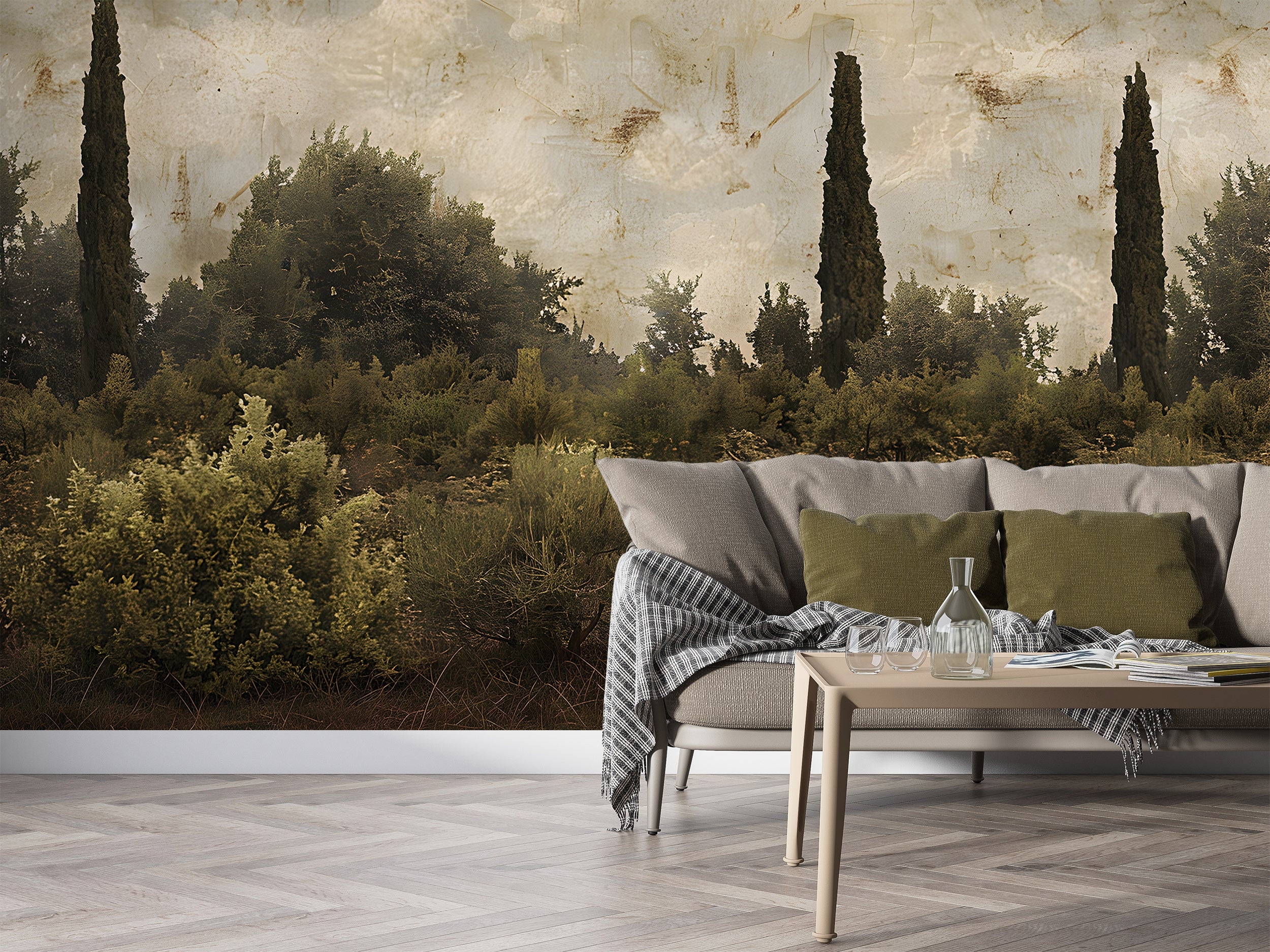 Vintage landscape wall mural peel and stick Rustic botanical wallpaper for home decor