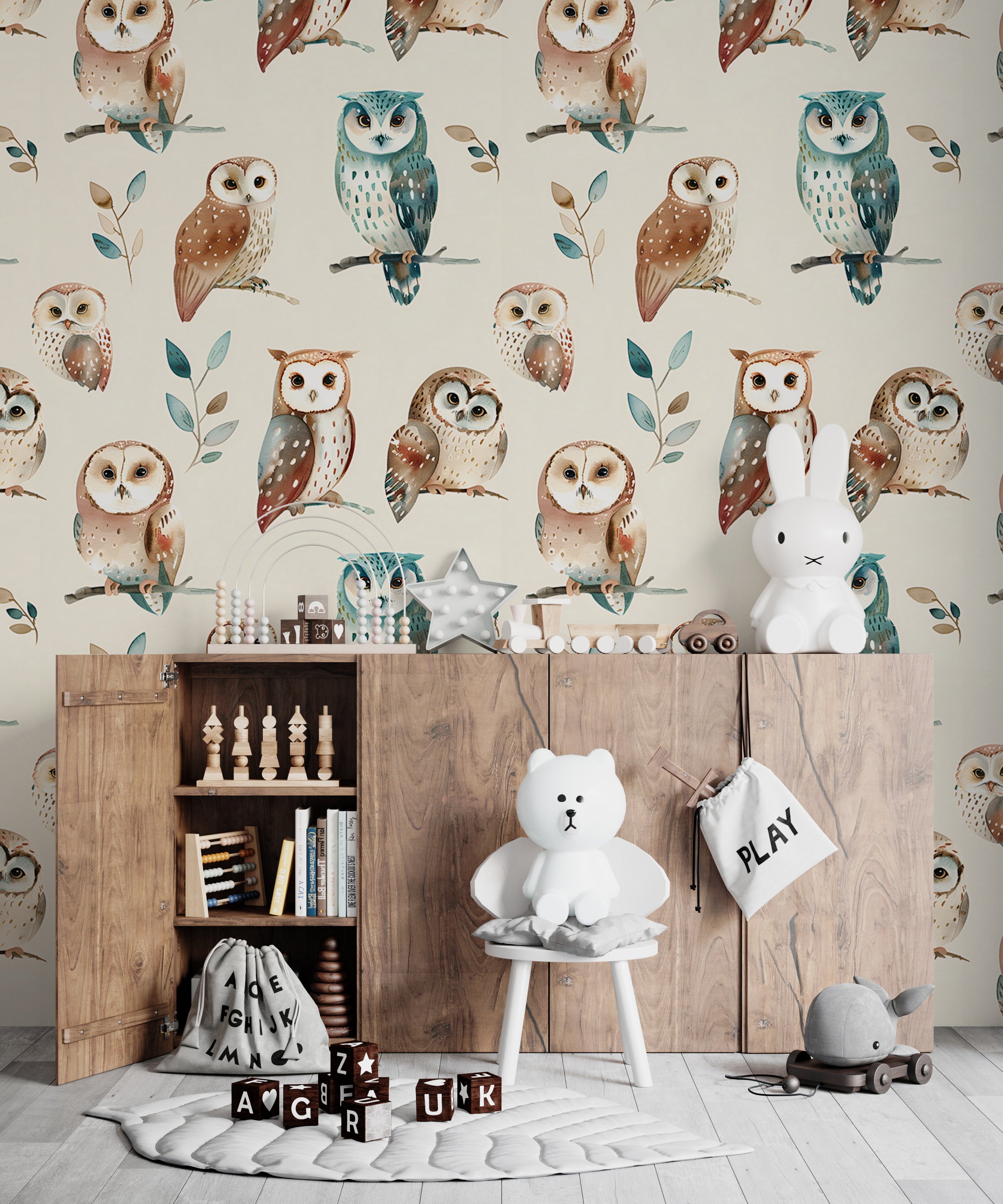 Watercolor owls nursery mural Peel and stick pastel owl wallpaper