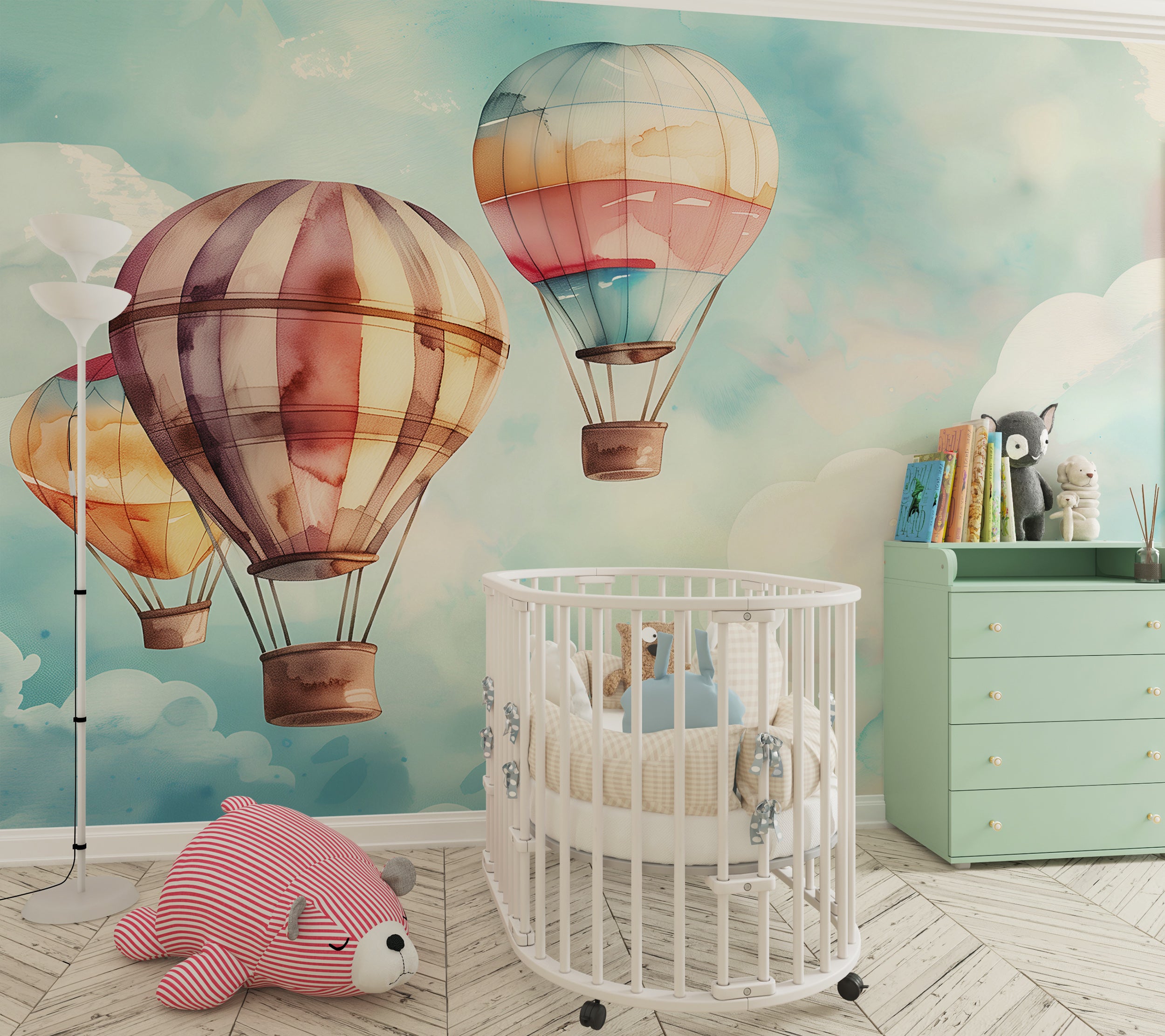 Watercolor clouds and balloons mural