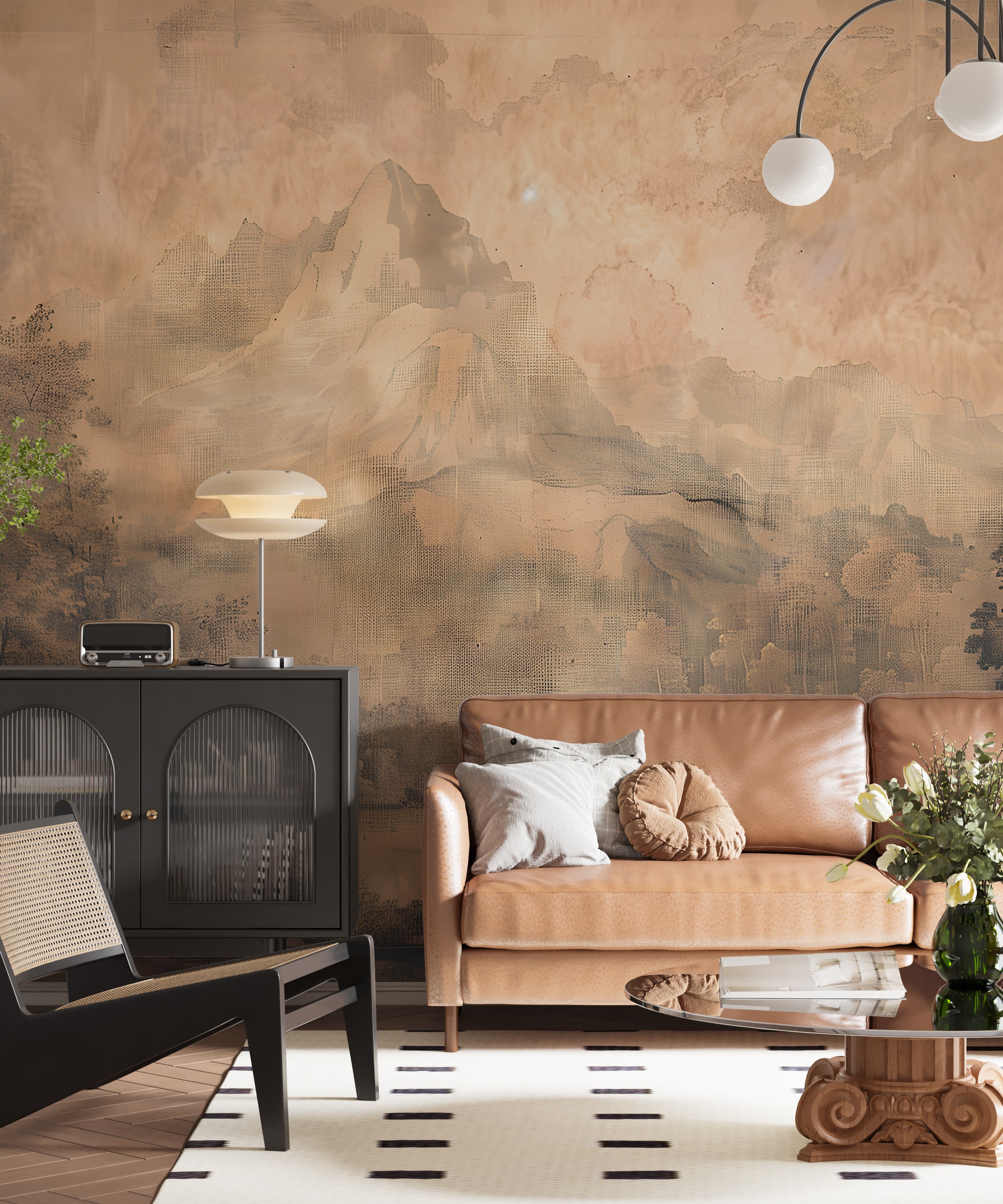 Vintage Scenic Wallpaper, Landscape Old Style Mural, Mountain and Forest Sepia Wallpaper, Peel and Stick Rustic Nature Painting Wall Art