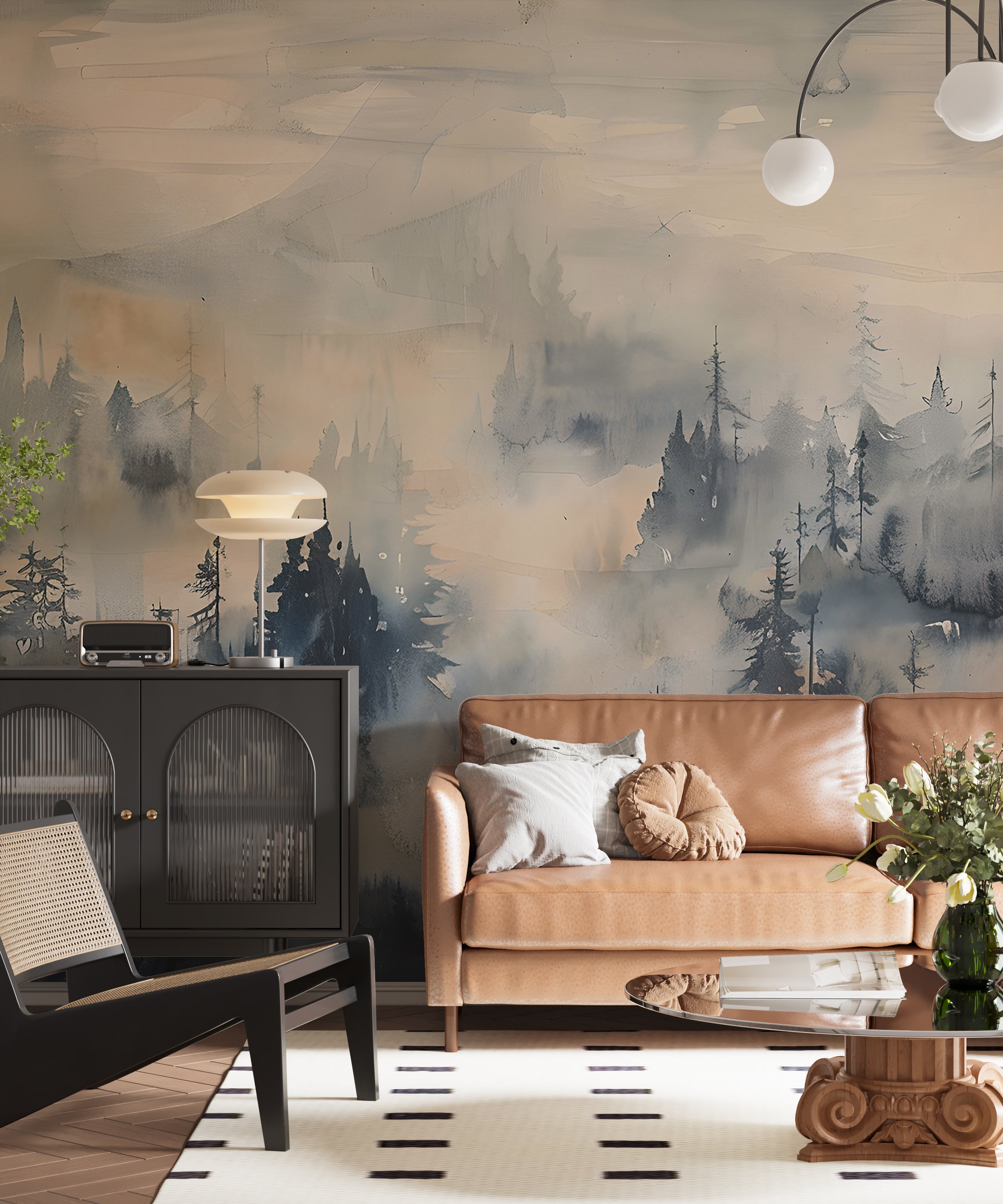 Abstract forest landscape mural