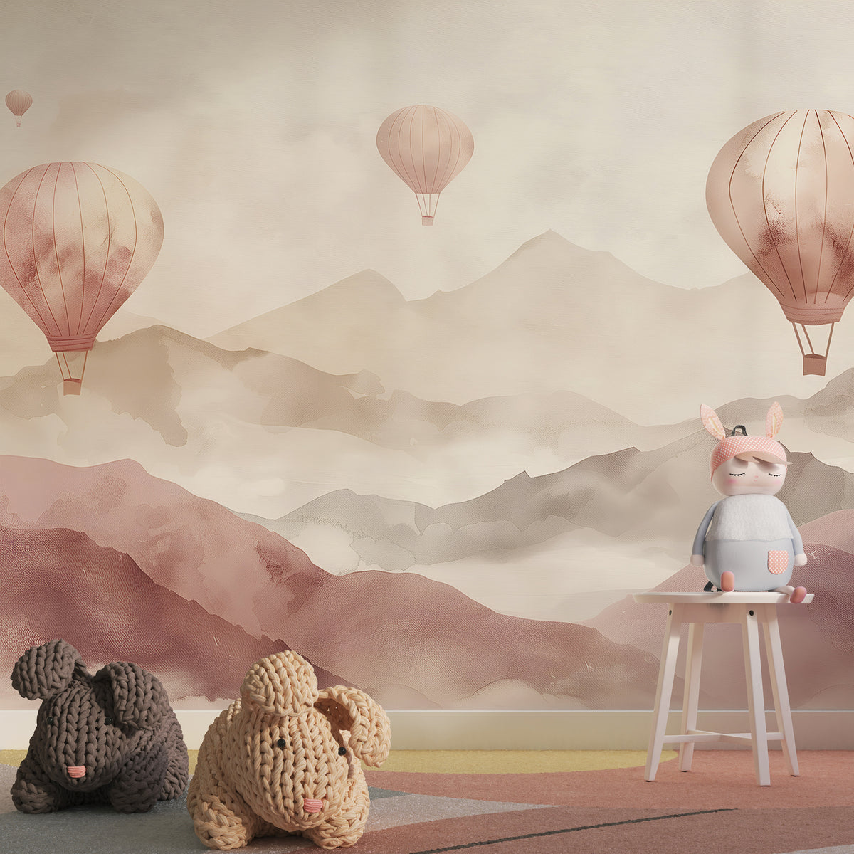 Pink and Beige Mountains Wallpaper - Peel and Stick Hot Air Balloons