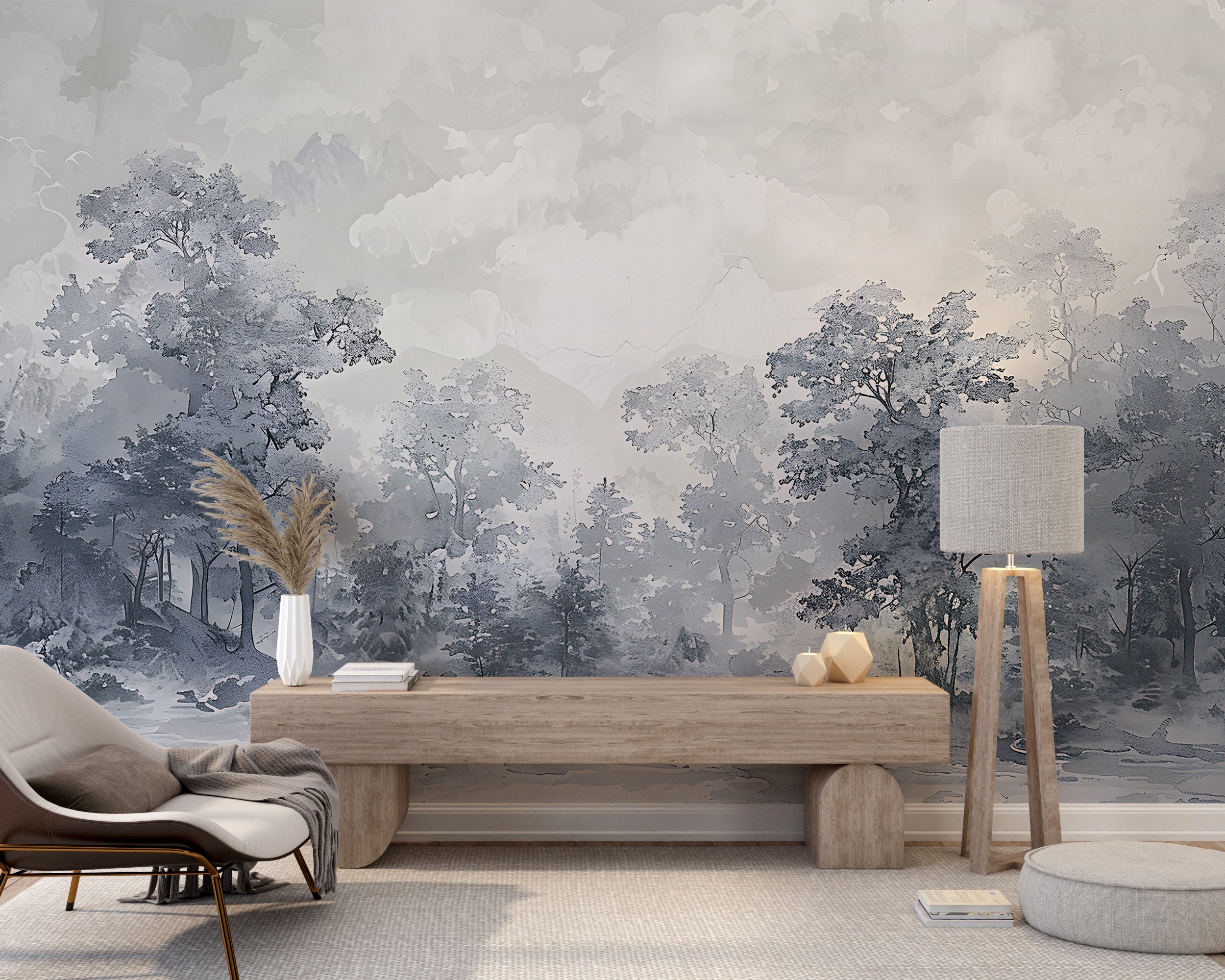 Misty grey forest mural