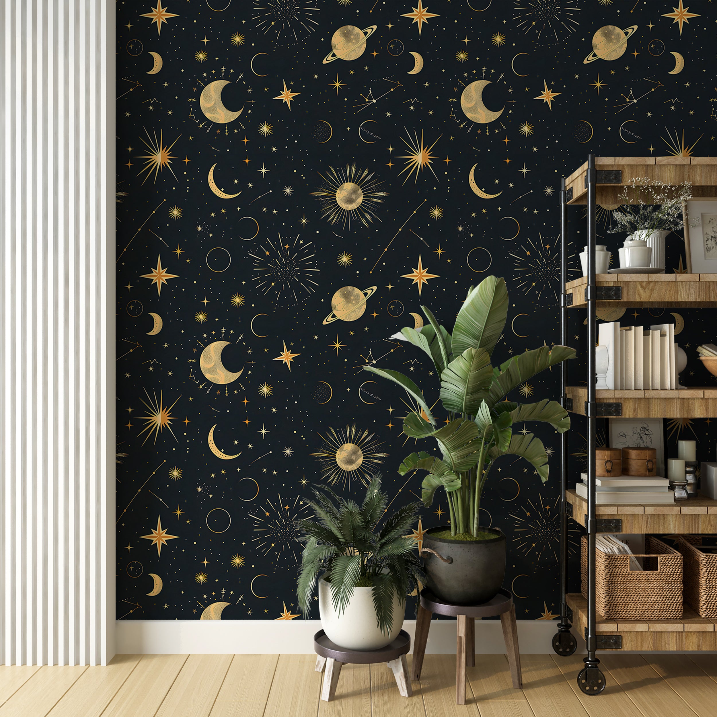 Celestial night sky mural
