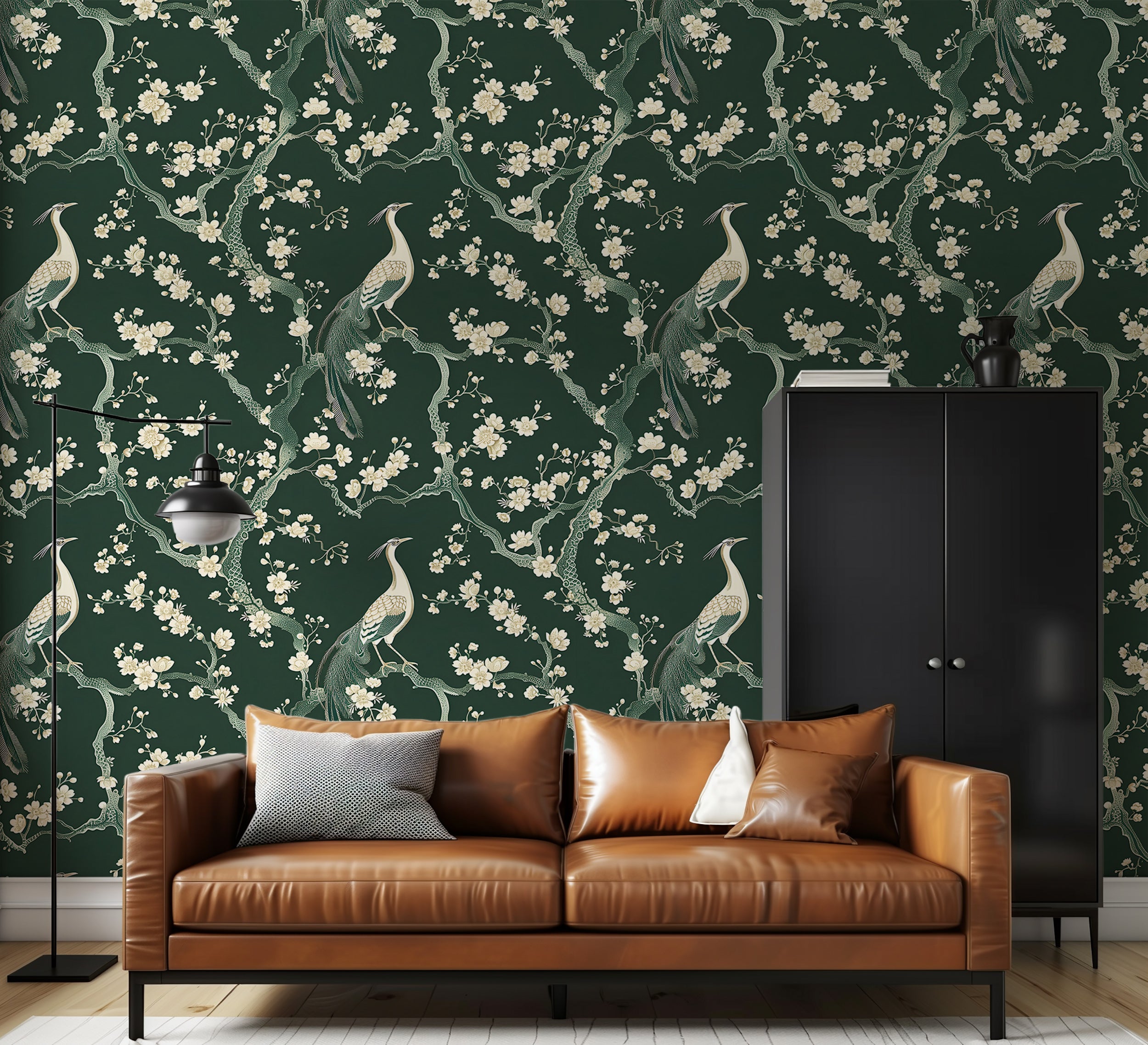 Green and beige botanical wallpaper
