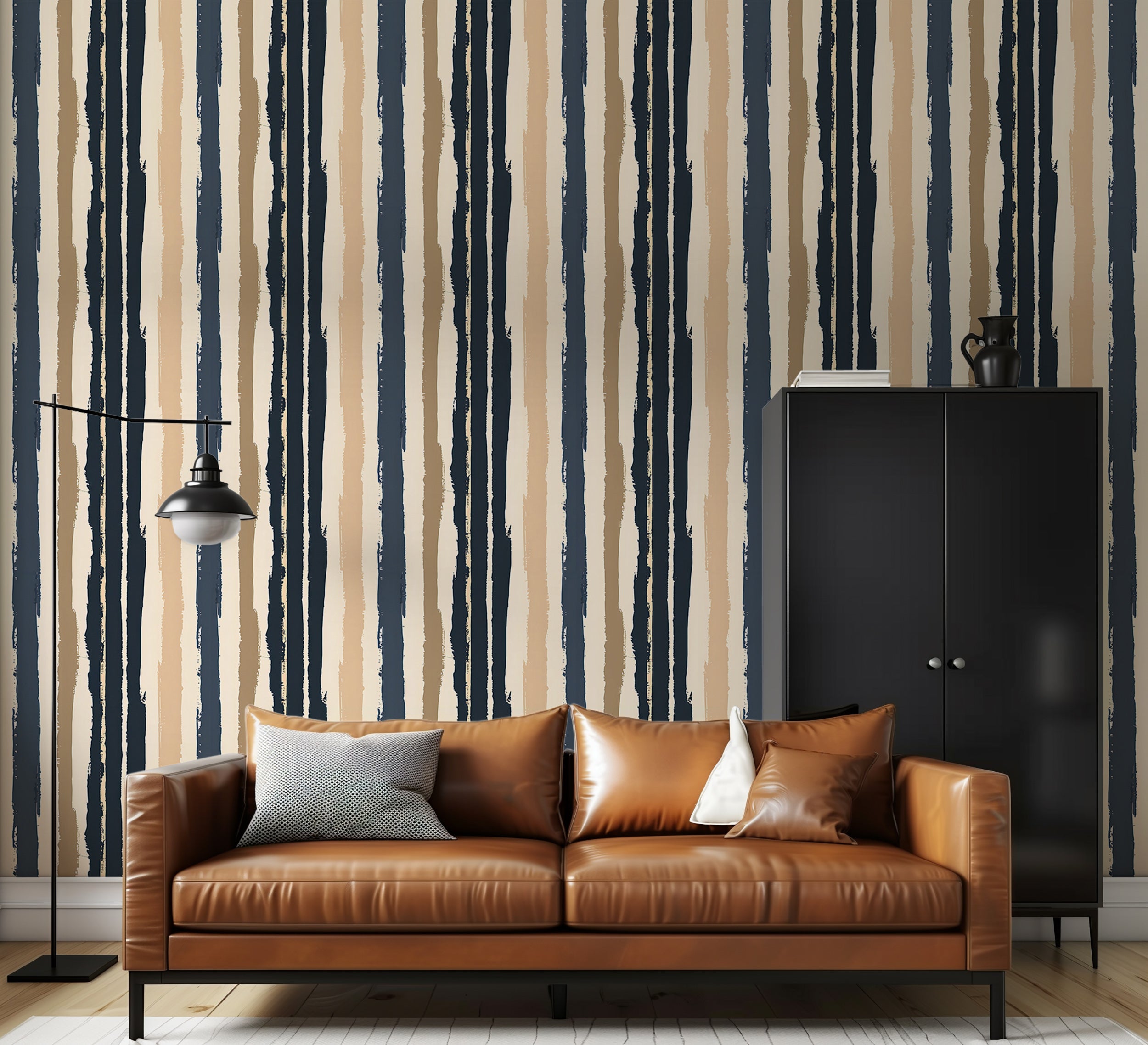 Beige and blue striped wallpaper Navy blue vertical stripes wall decor