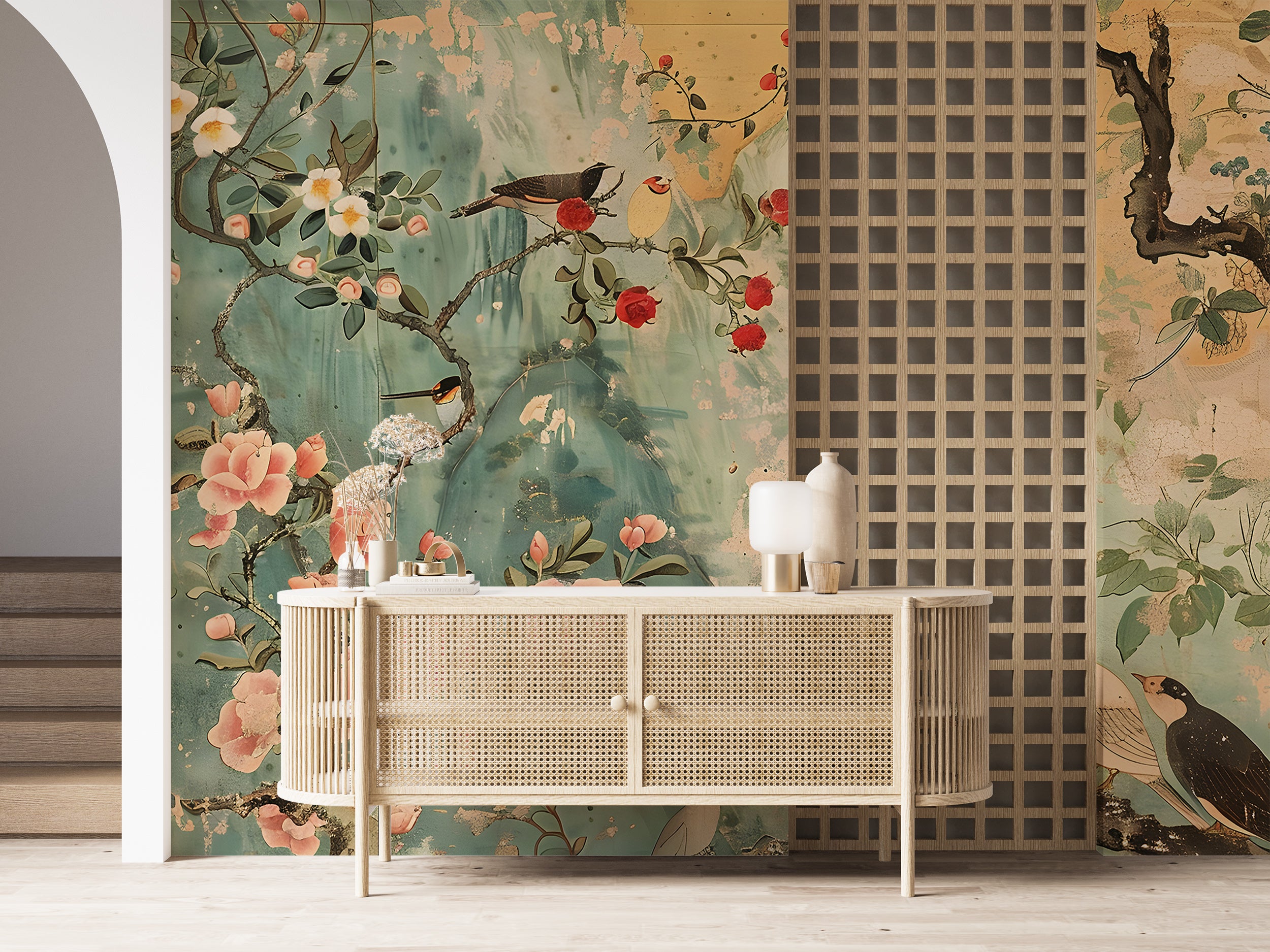 Old Style Chinoiserie Wallpaper, Rustic Nature Mural, Peel and Stick Japanese Wallpaper, Removable Birds Flowers and Tree Wall Decor