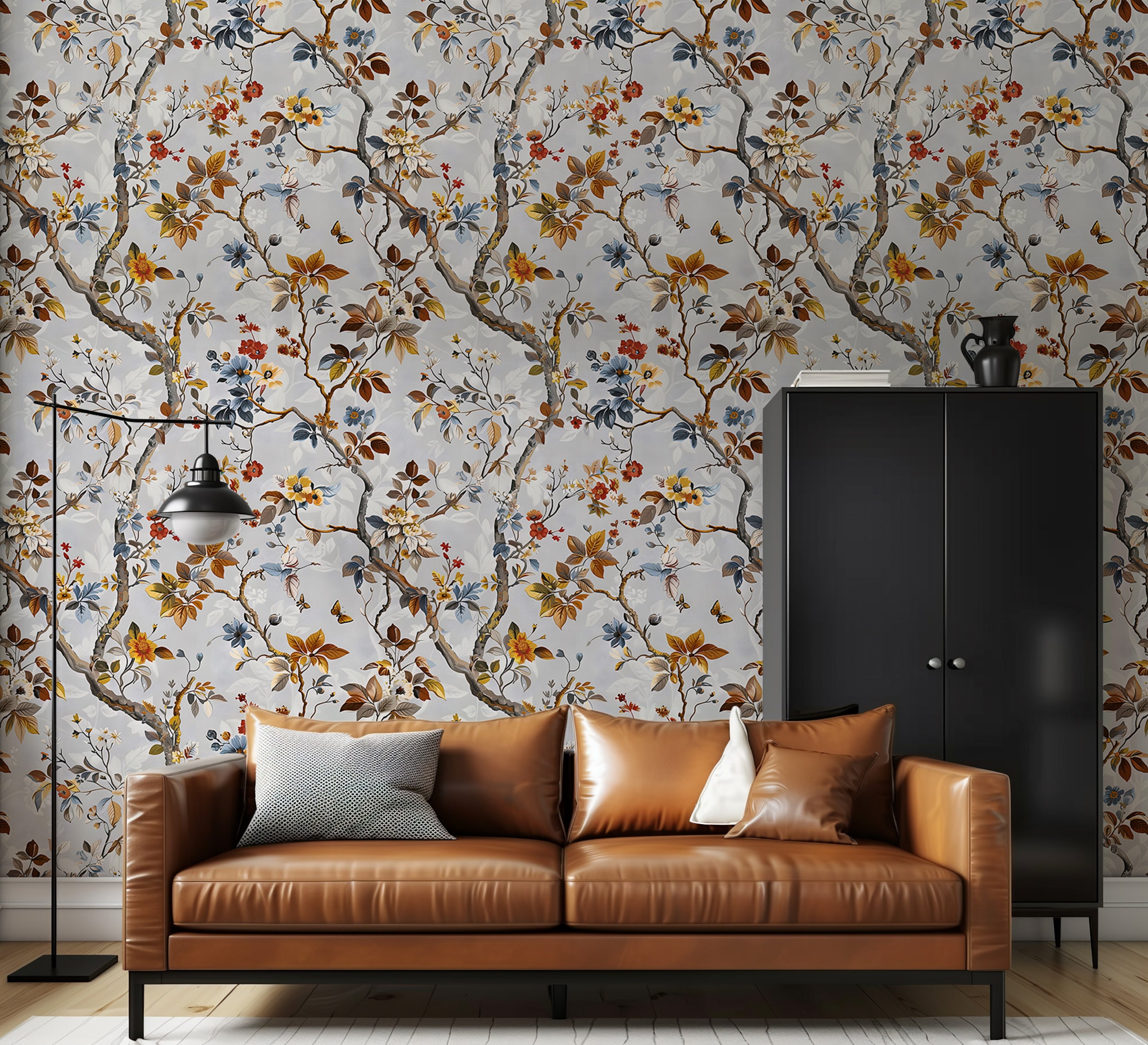 Neutral grey botanical wallpaper
