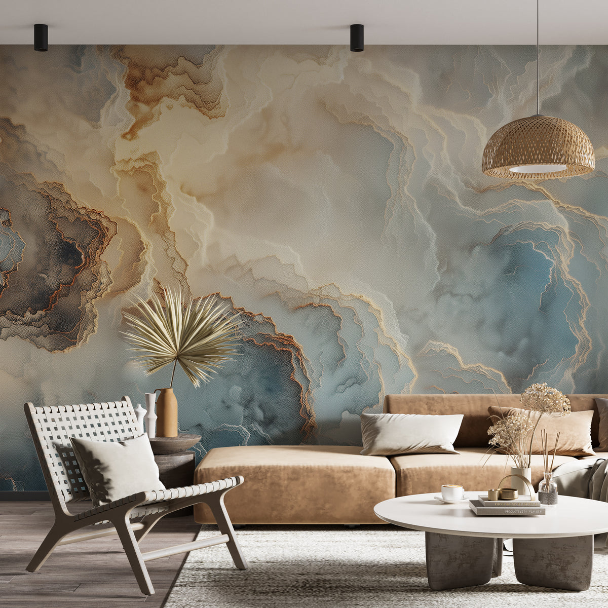 Blue Beige and Gold Marble Mural - Leather Style Texture Marble Wallpaper