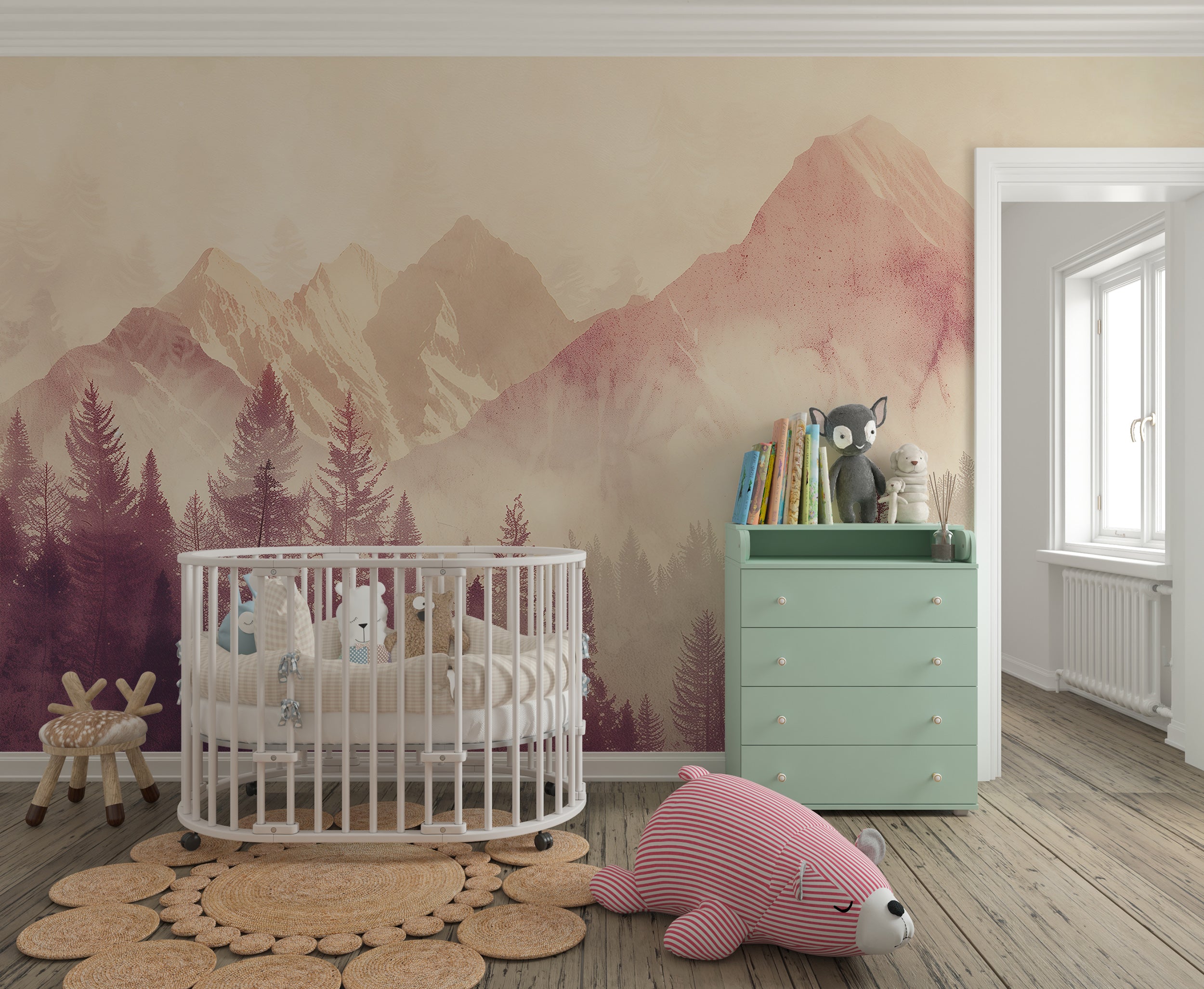 Soft Pink Watercolor Mountain and Forest Wallpaper, Nursery Pastel Pink Nature Landscape Mural, Peel & Stick Removable Pink Monochrome Decor