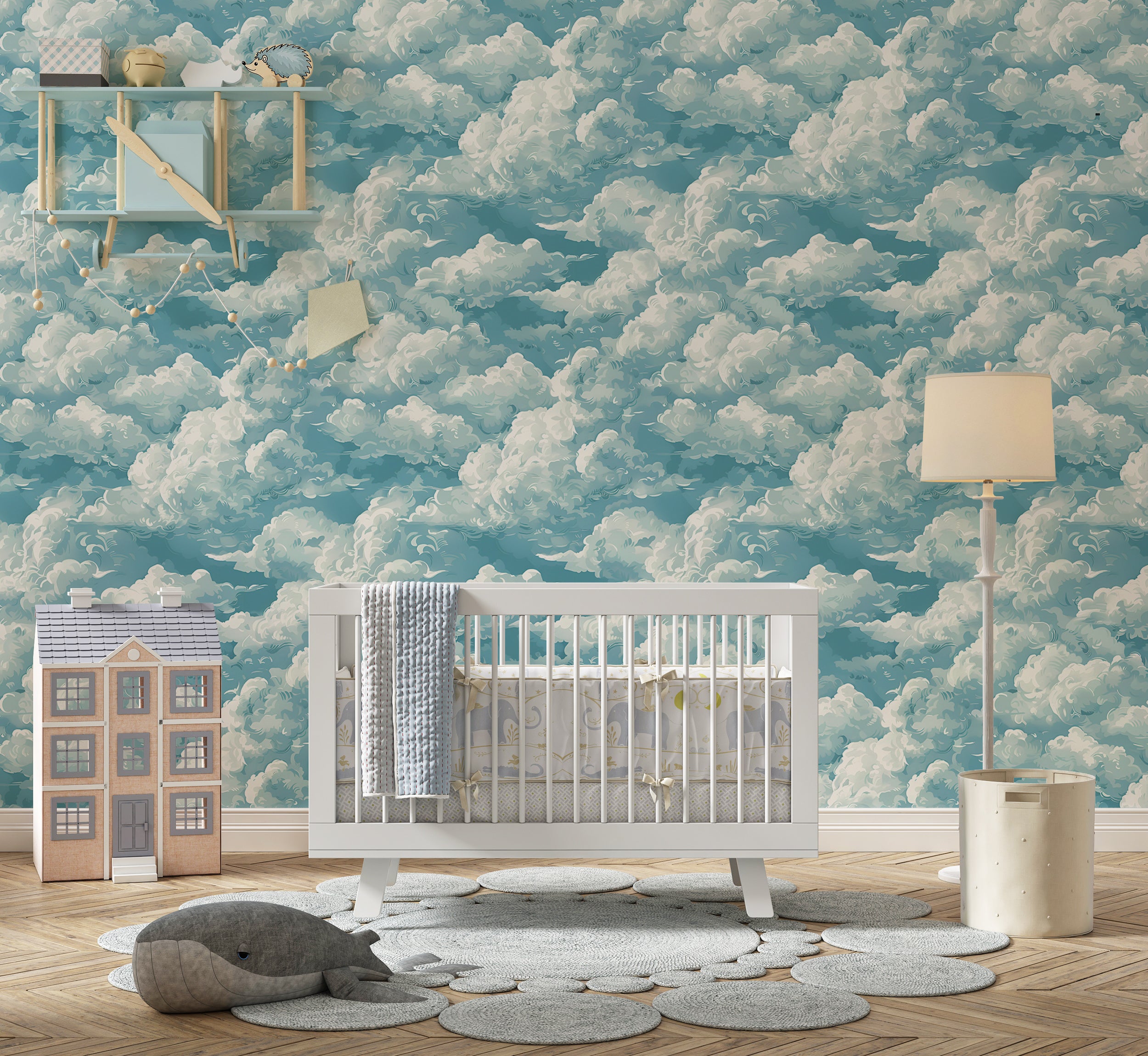 Blue and white nursery wallpaper