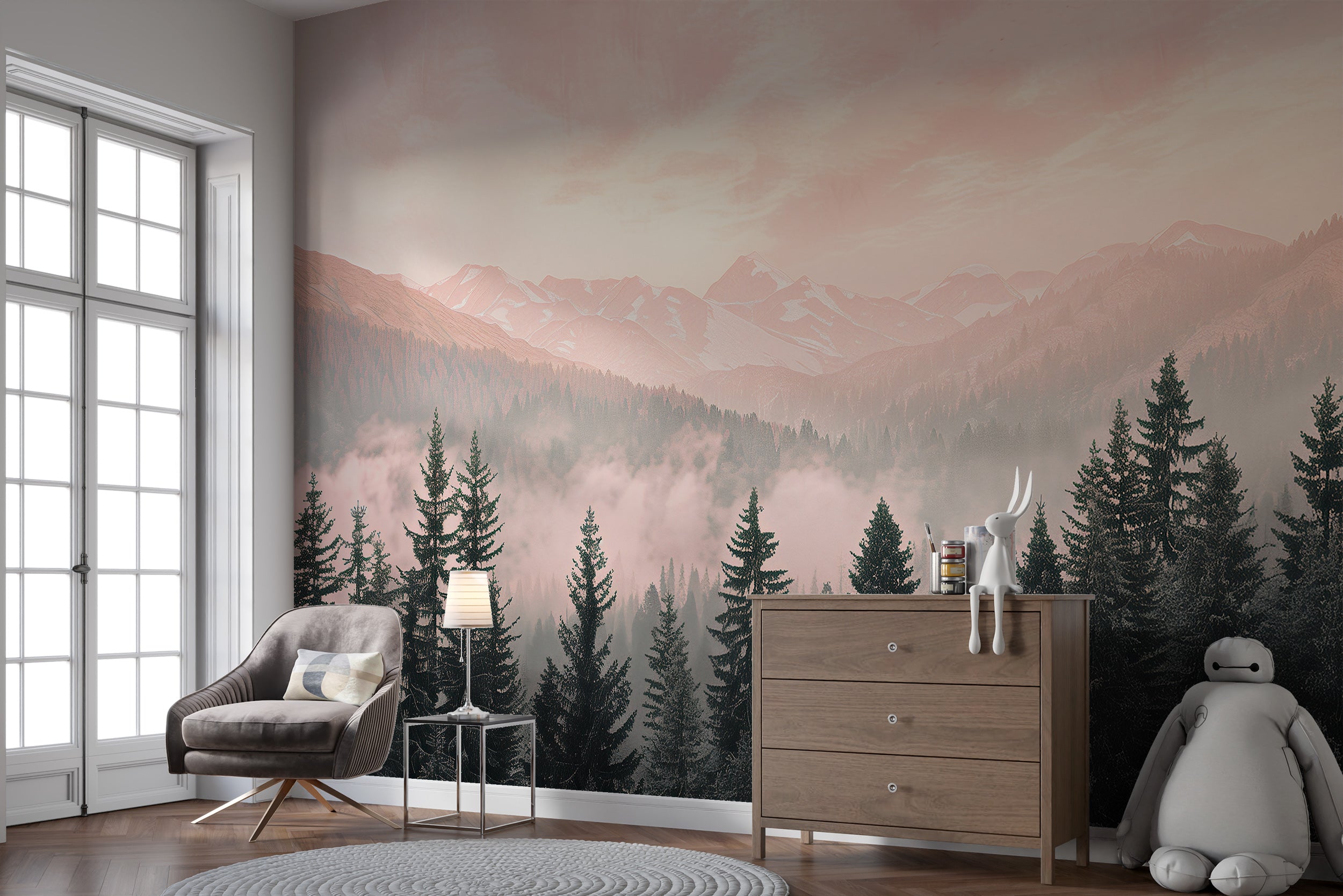 Pink mountain landscape wallpaper Pine forest wall mural nursery