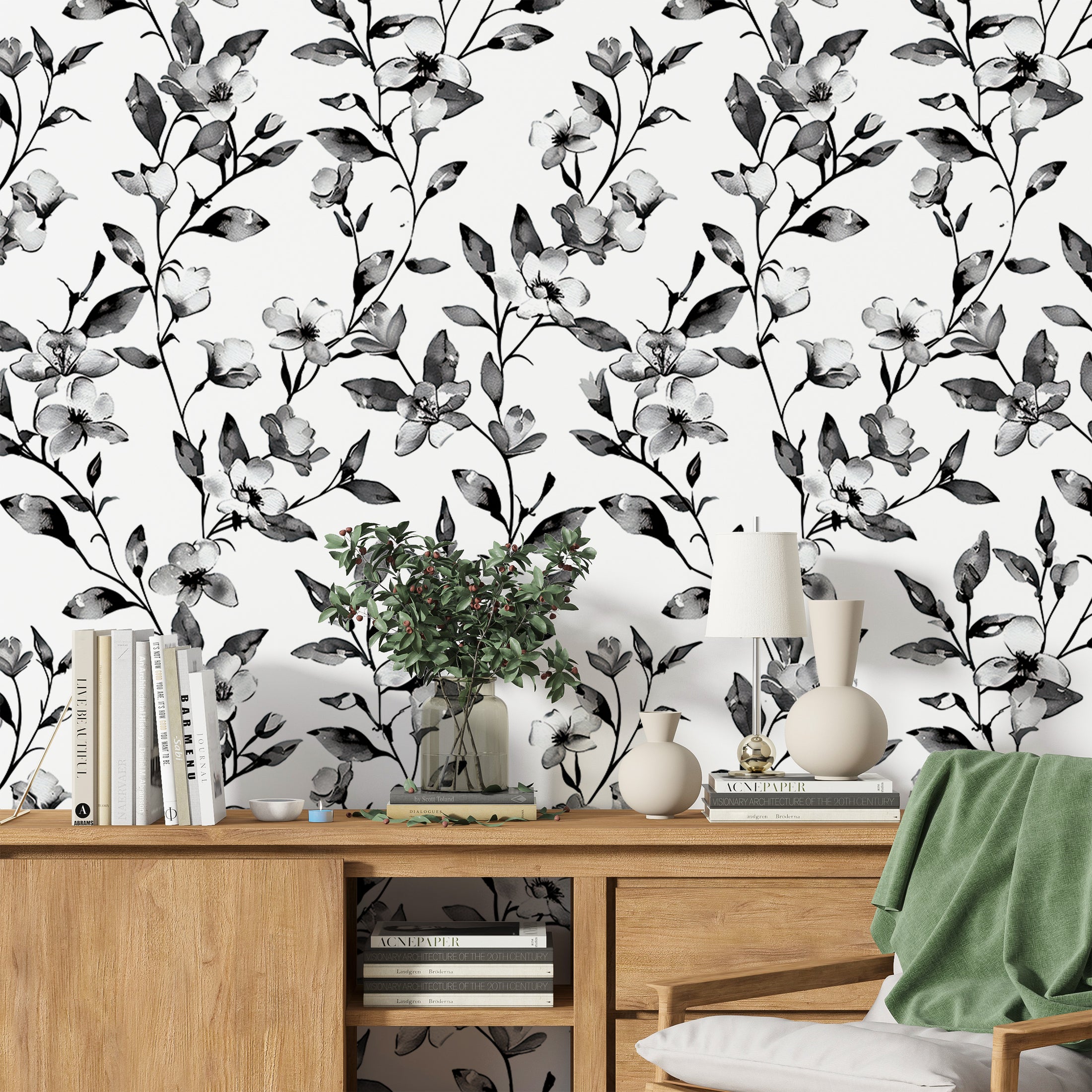 Black and White Botanical Wallpaper - Monochrome Floral Wallpaper