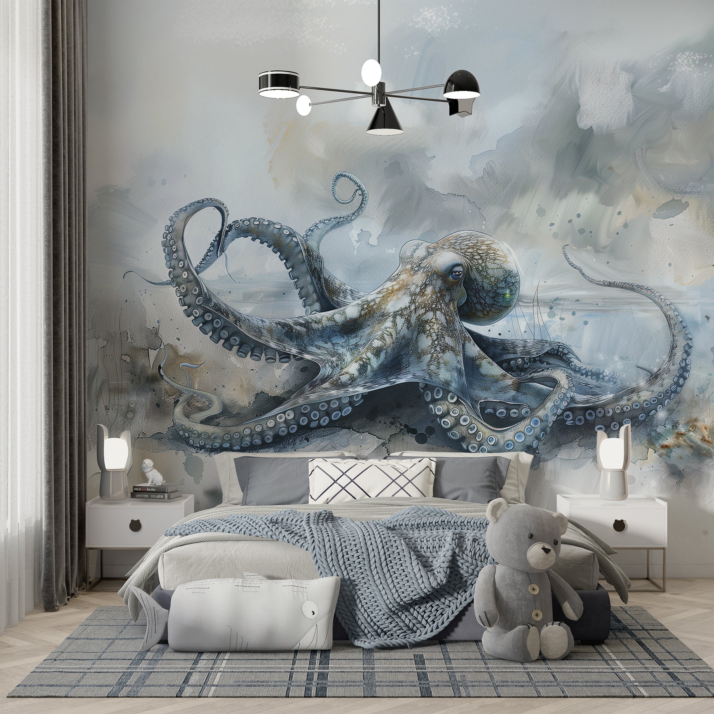 Octopus wall mural for kids room Marine life watercolor wallpaper