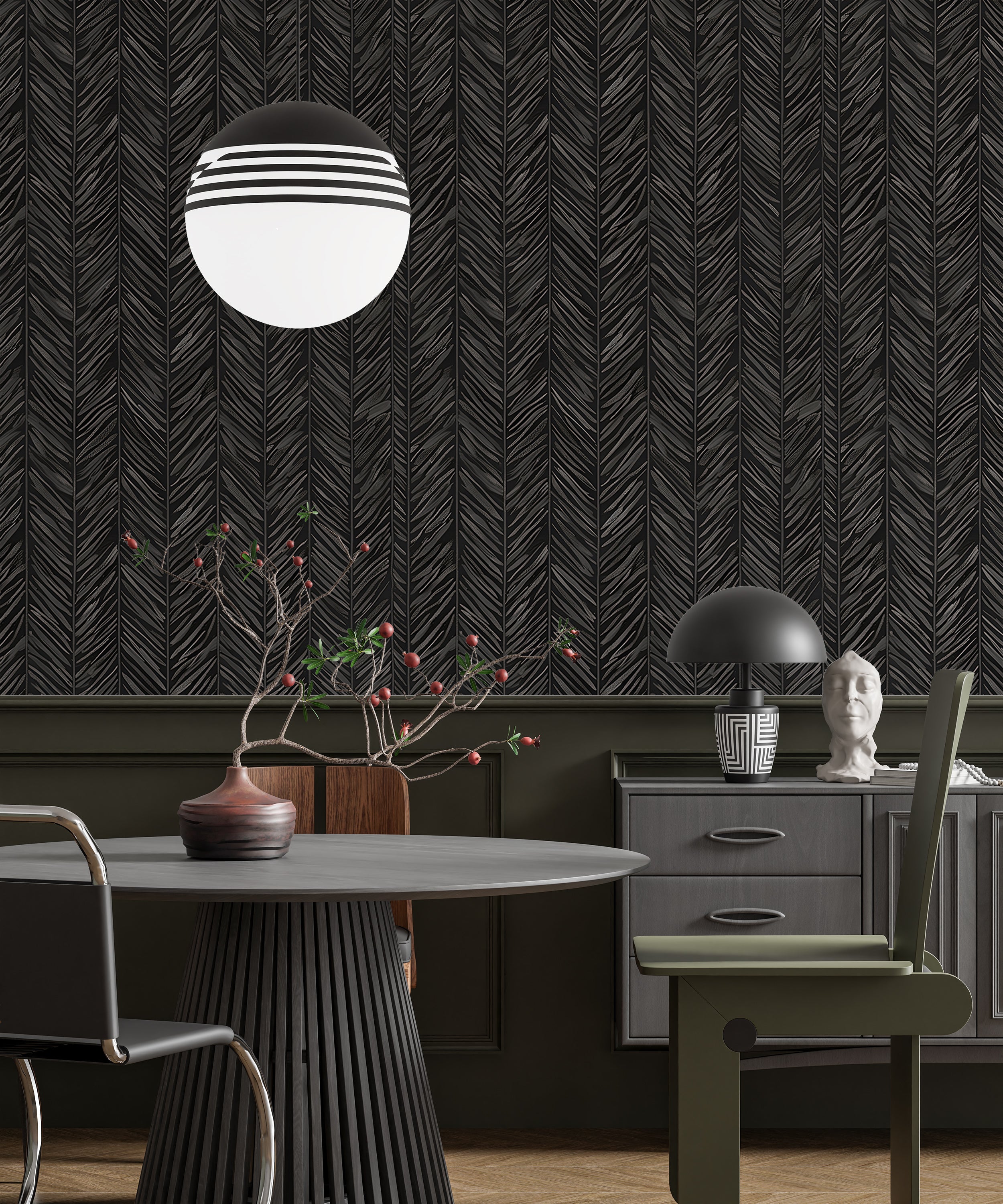 Dark Grey Herringbone Wallpaper Dark modern peel and stick wallpaper