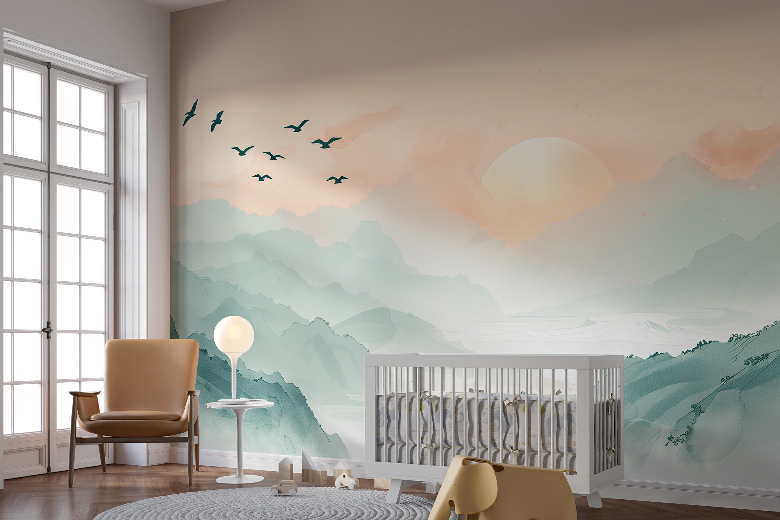 Removable sunset and birds nursery wallpaper