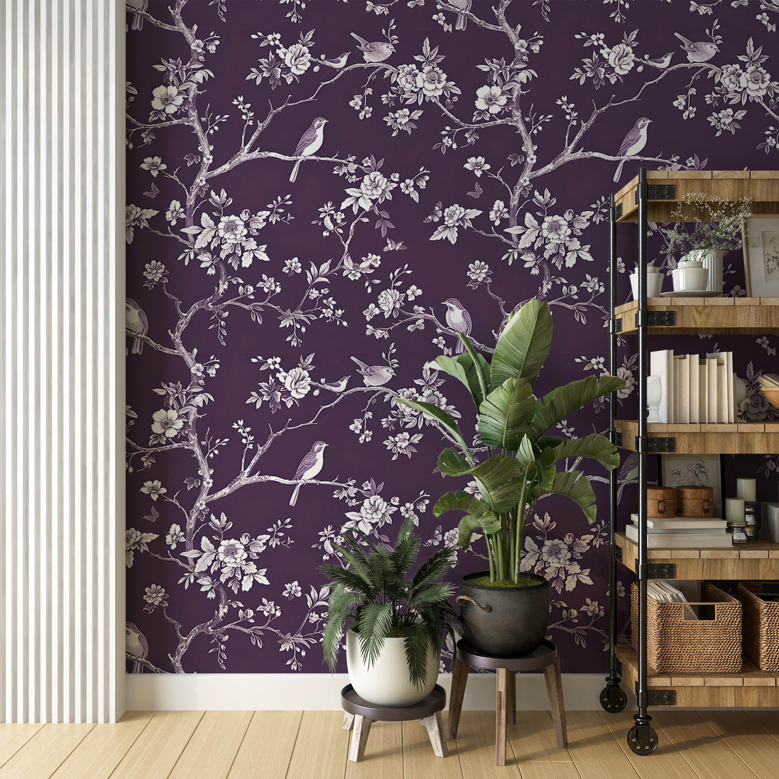 Sophisticated purple wallpaper with flowers and birds