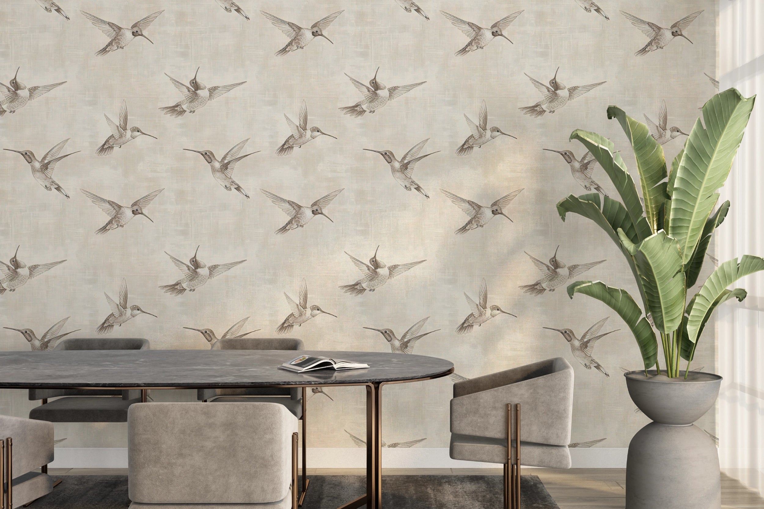 Beige peel and stick wallpaper with birds