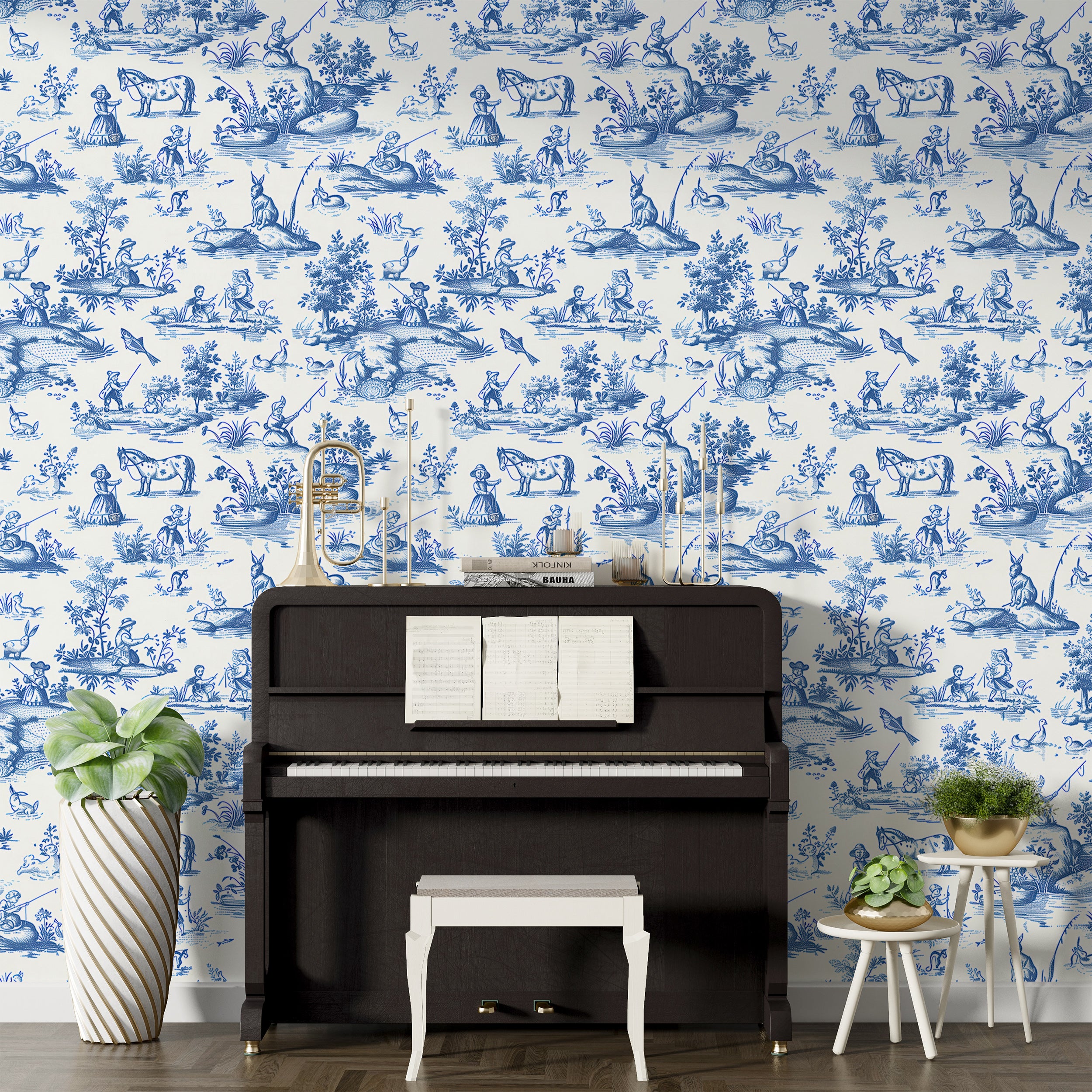 Toil de Jouy wallpaper for living room White and blue vintage wallpaper decor