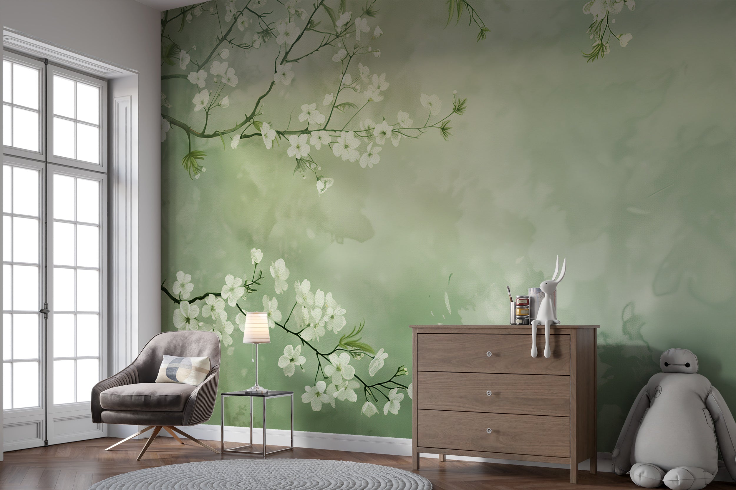 Soft green peel and stick wall decor