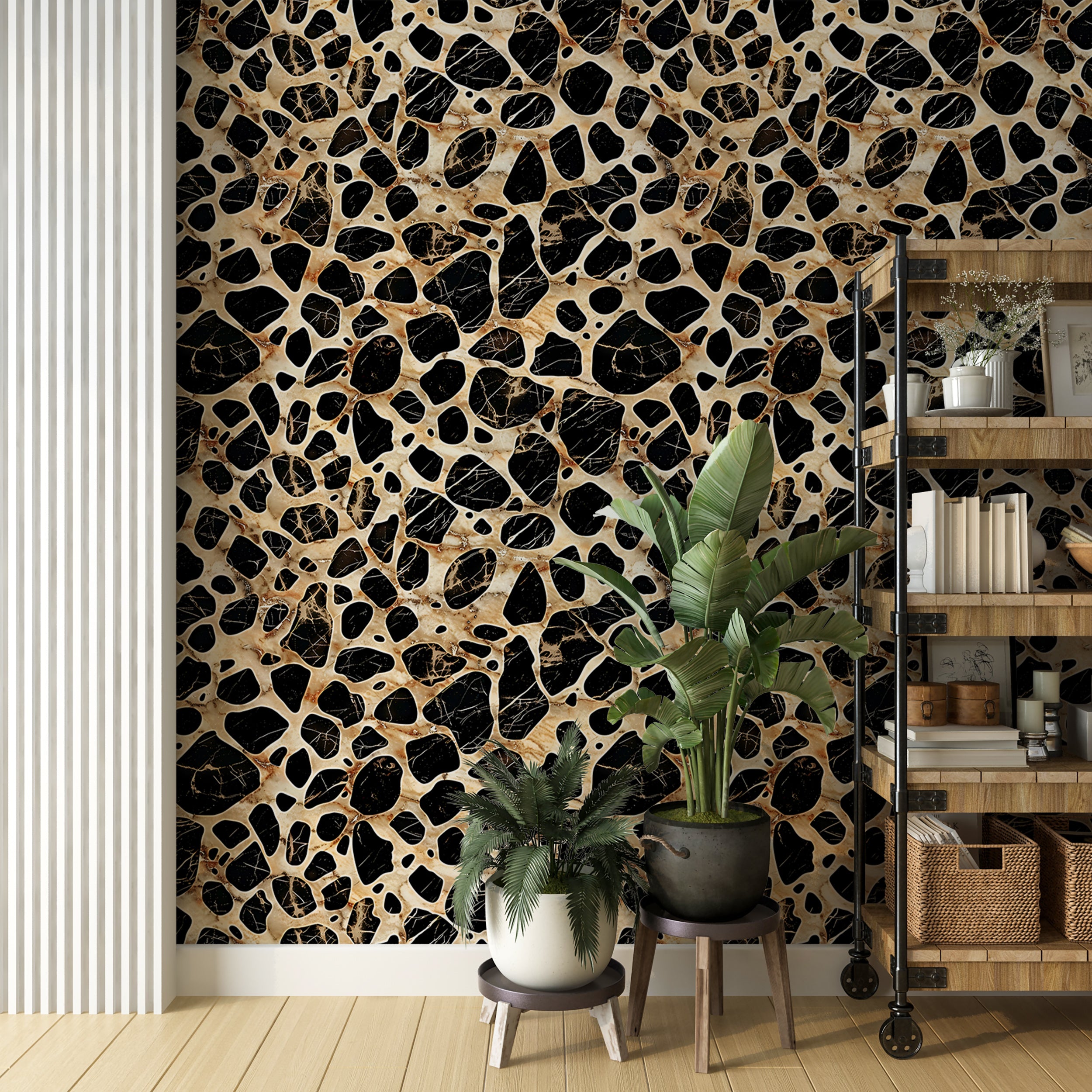 Abstract leopard print wallpaper for accent wall Black and beige marble texture animal print wallpaper