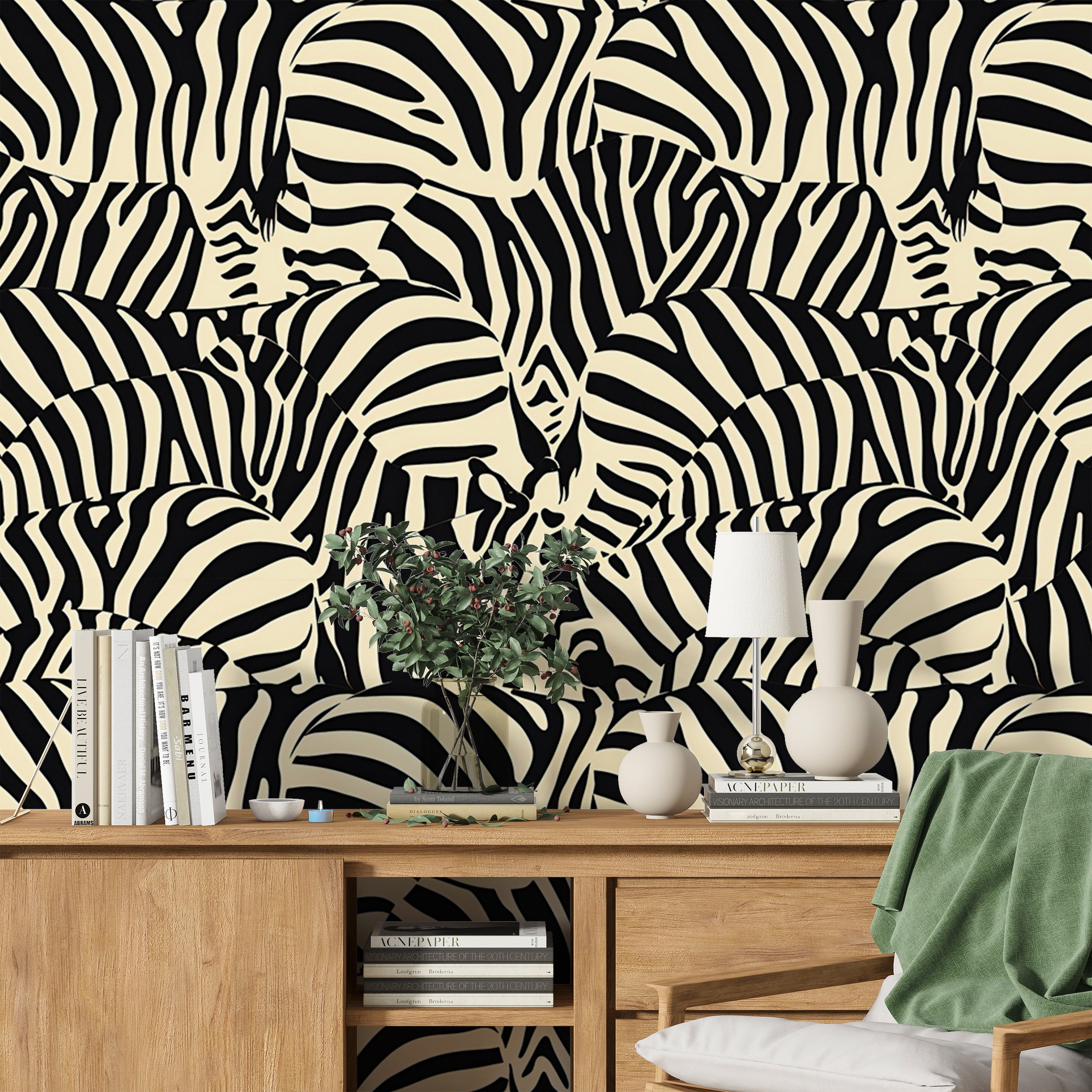 Black and cream zebra print wallpaper Abstract line art safari wallpaper