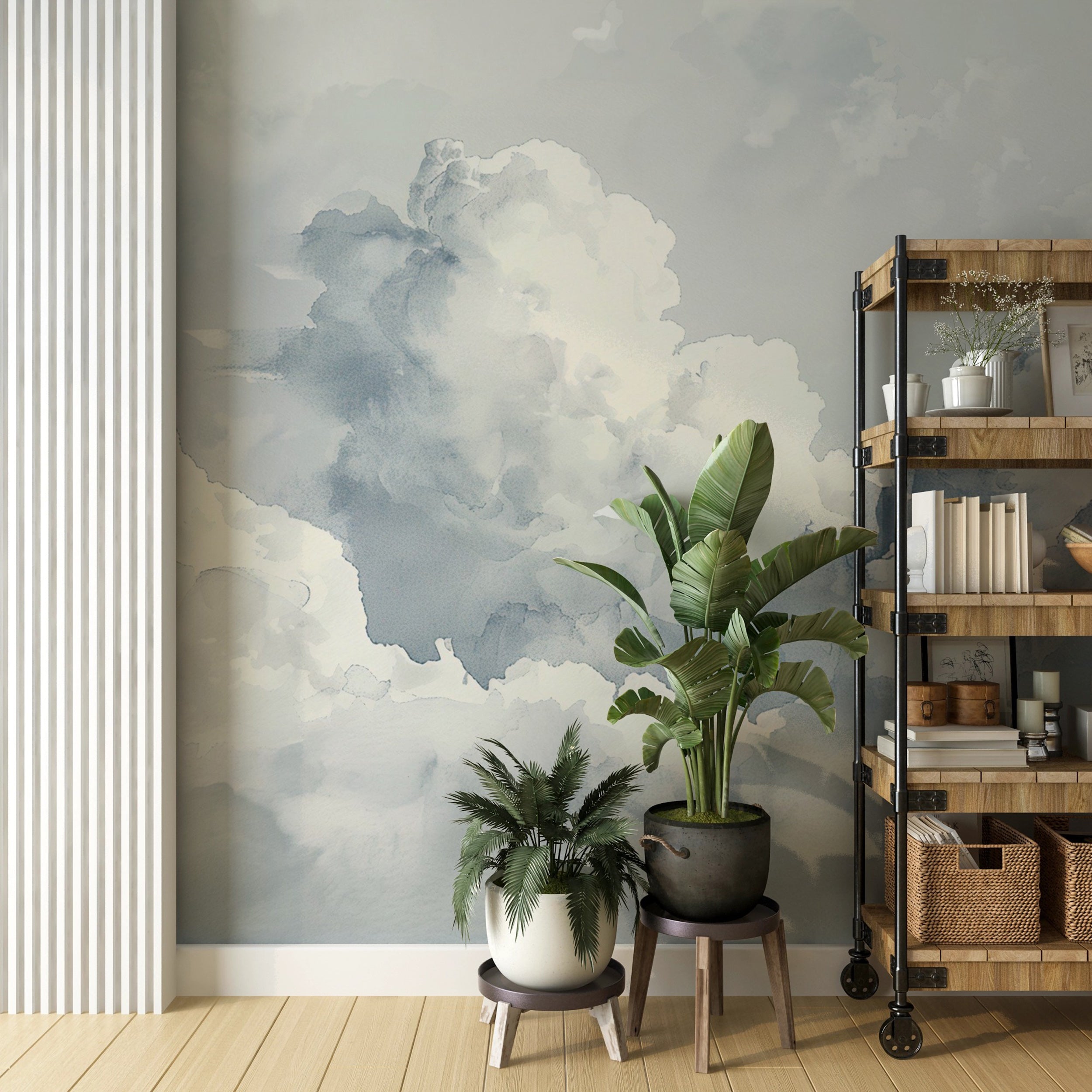 White and grey cloud wall decor for calm environments