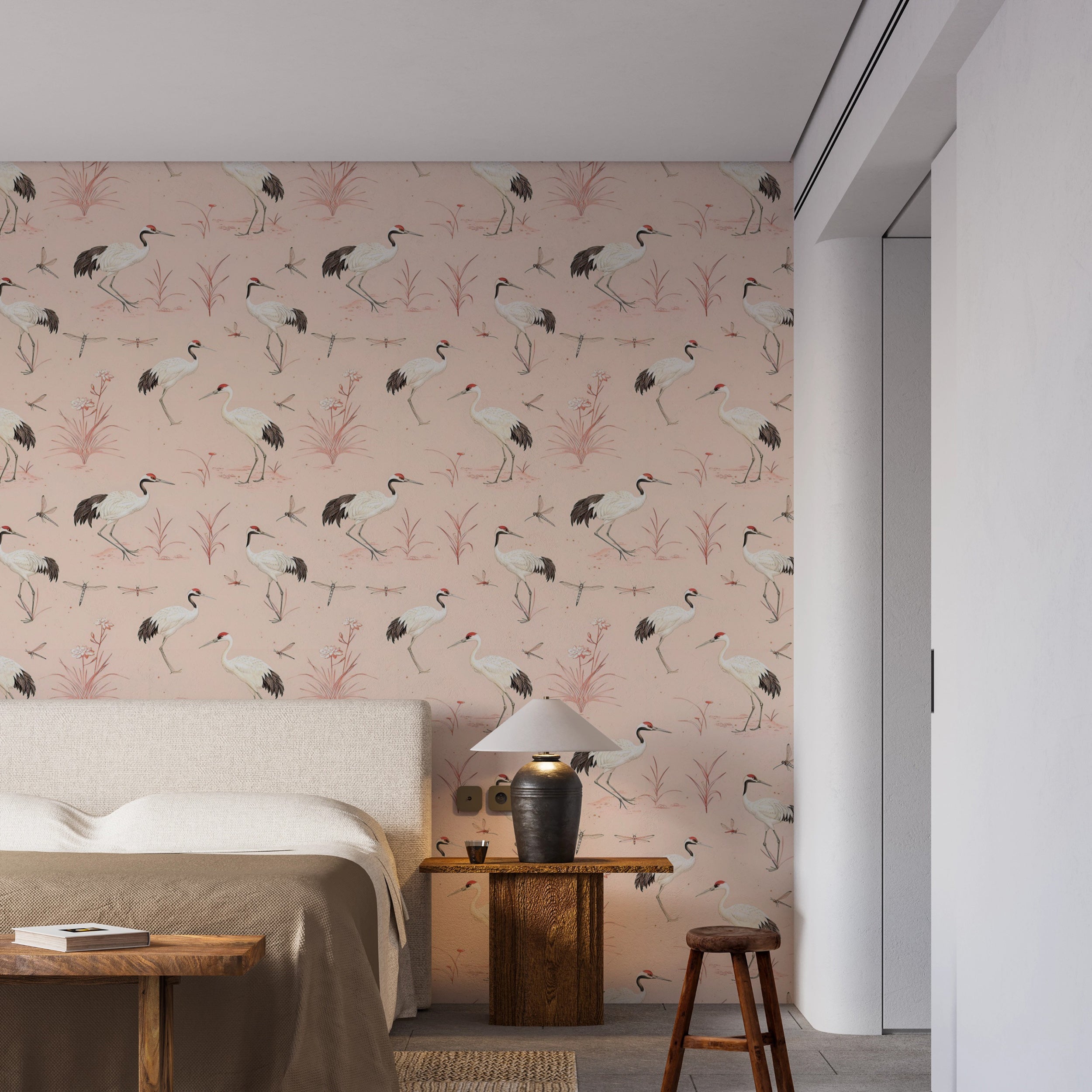 Soft pink and crane wallpaper for timeless room decor