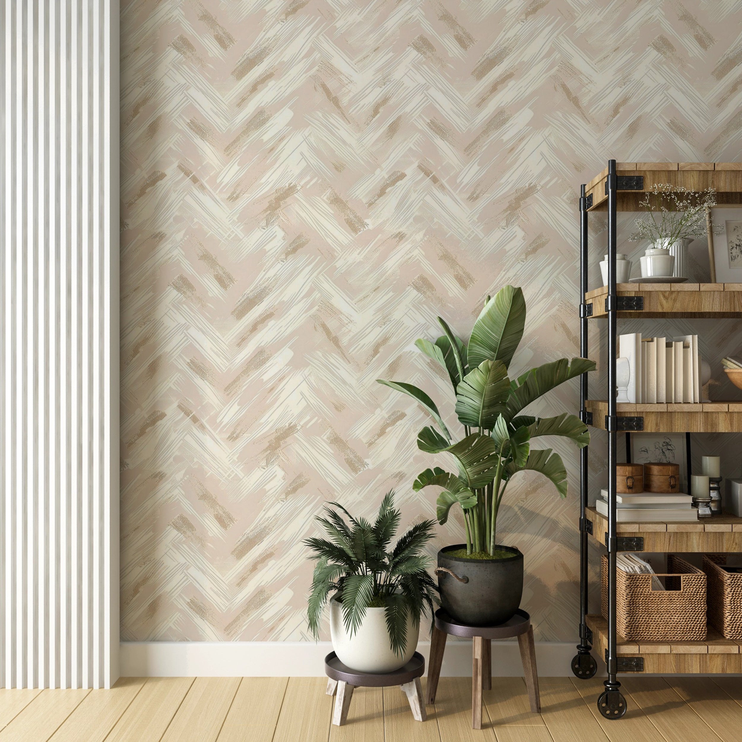 Neutral beige wallpaper for modern homes Easy-to-apply Scandinavian herringbone wallpaper