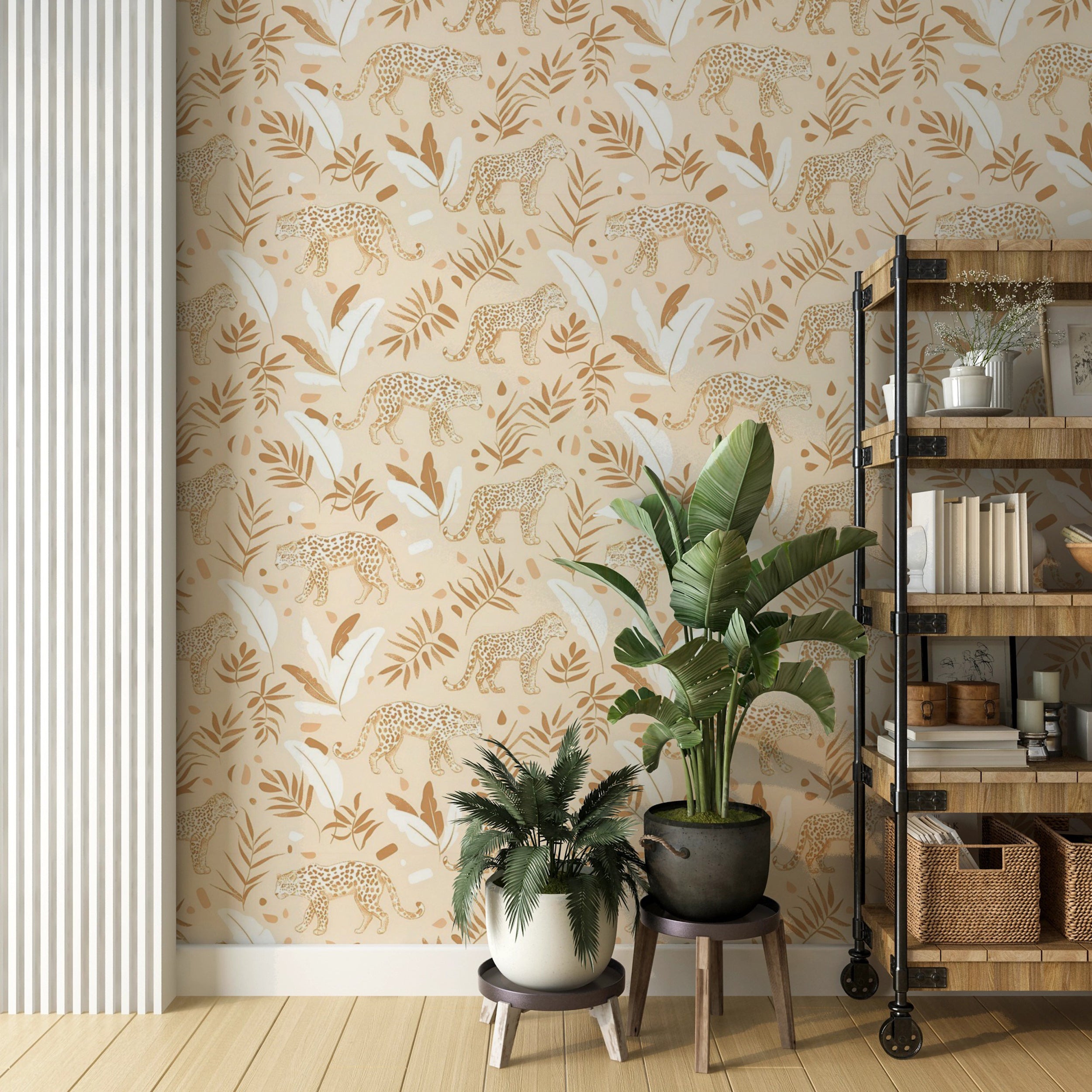 Easy-to-apply leopard and leaves wall decor Beige and green safari-themed wallpaper