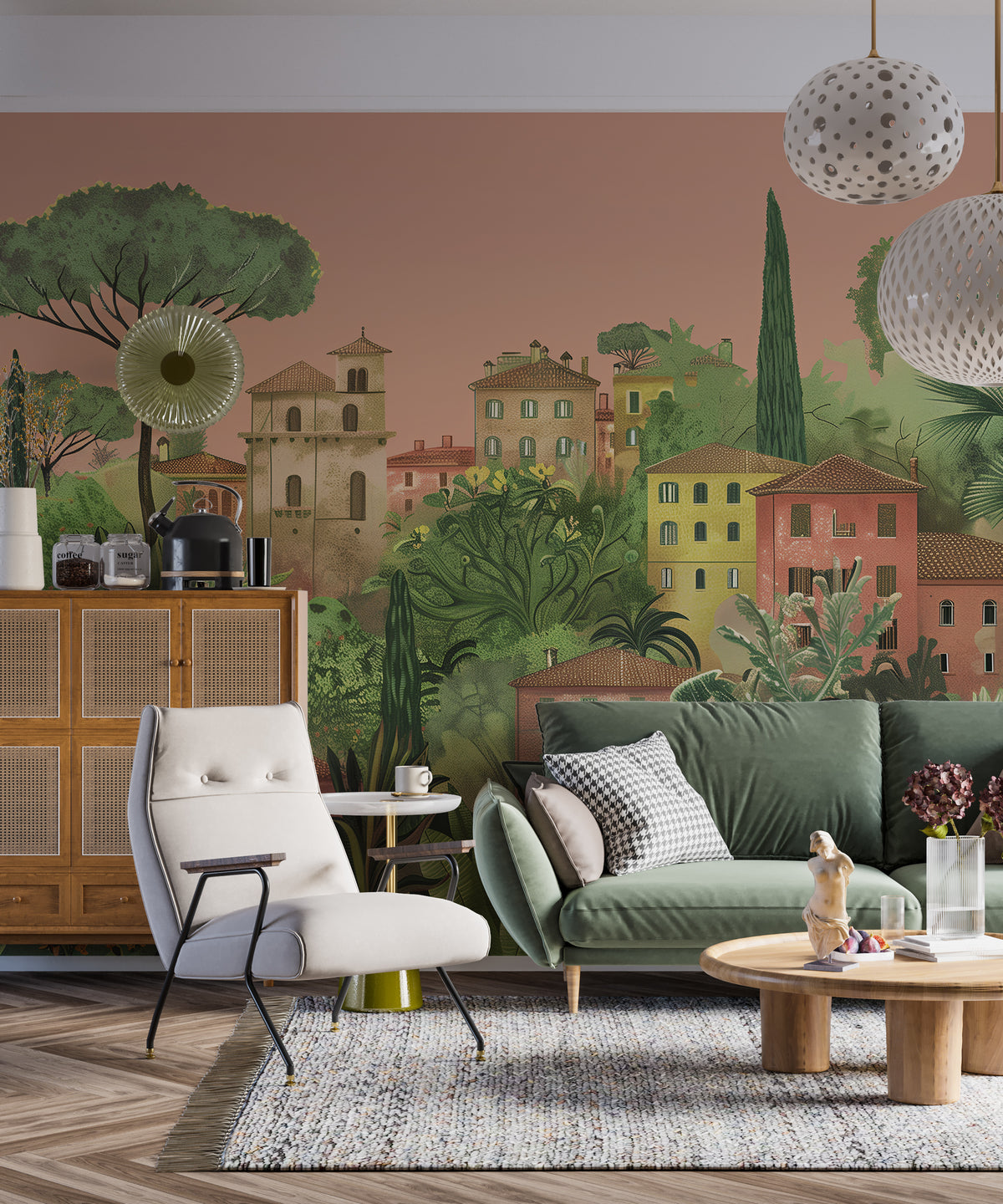 Colorful Italian City Mural - Old Town and Lush Garden Wallpaper