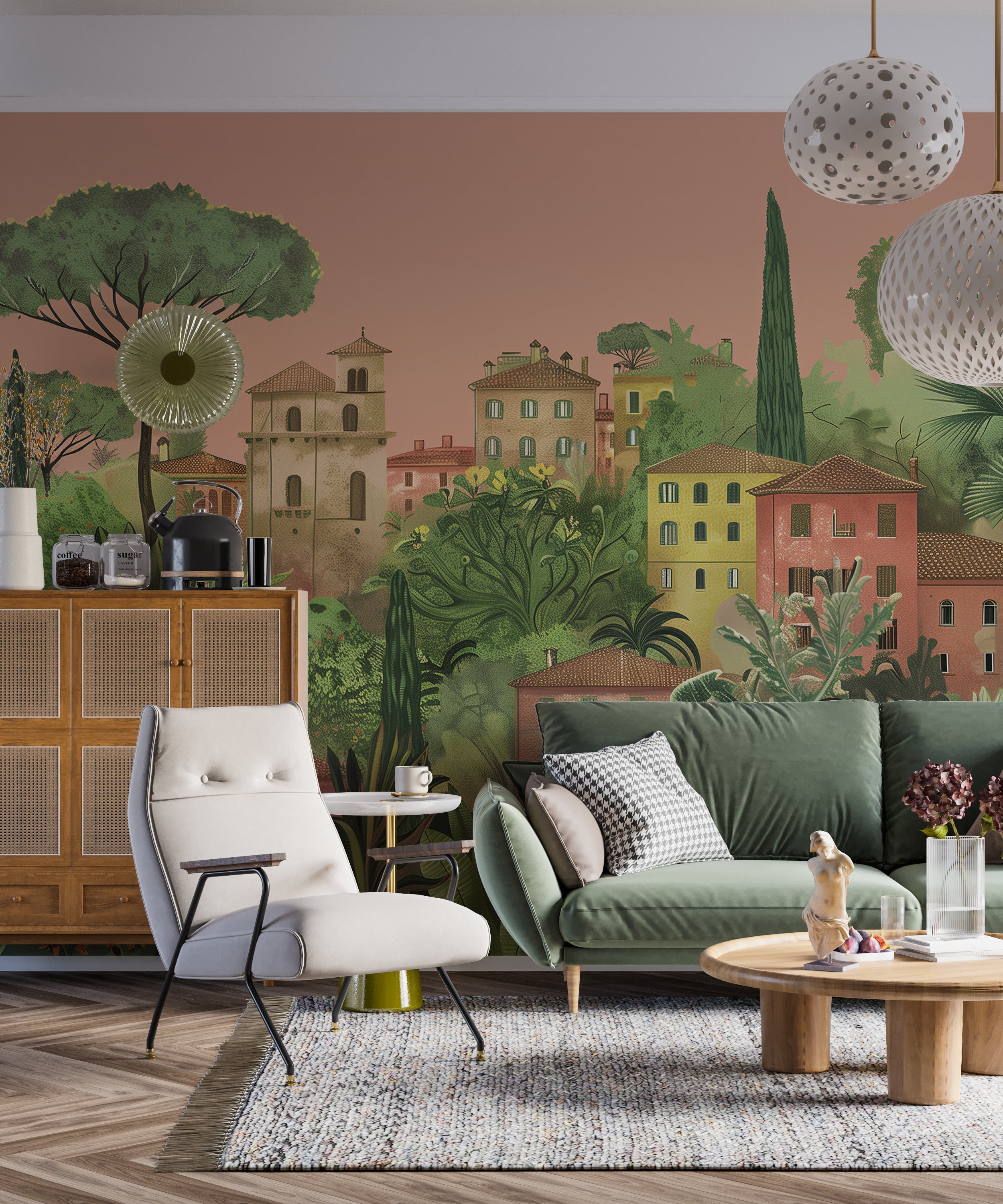 Peel and stick removable mural with Italian scenery High-quality peach and green Italian city wall art