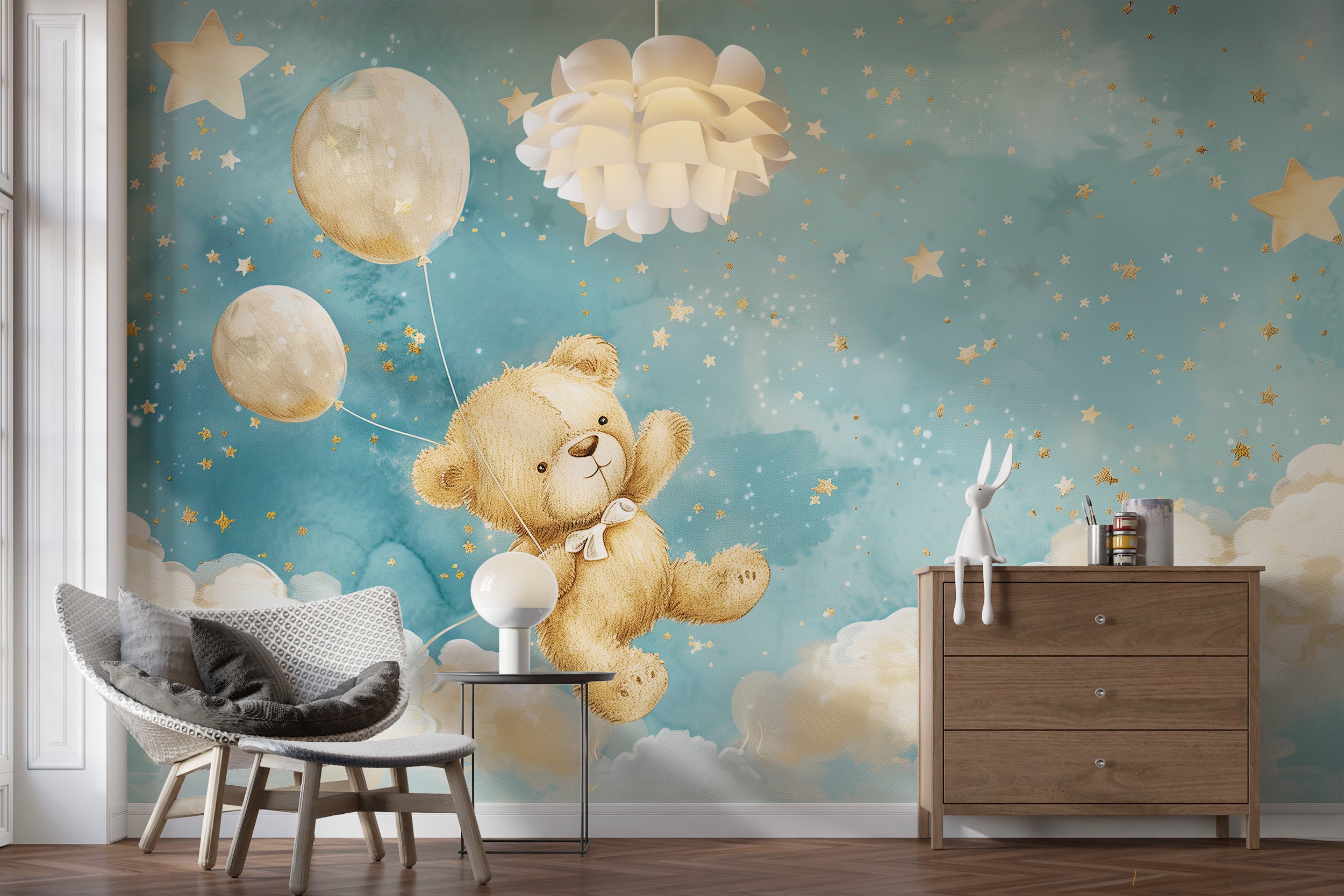 Cute bear in the sky nursery wall mural Blue and beige starry clouds wallpaper for kids' rooms