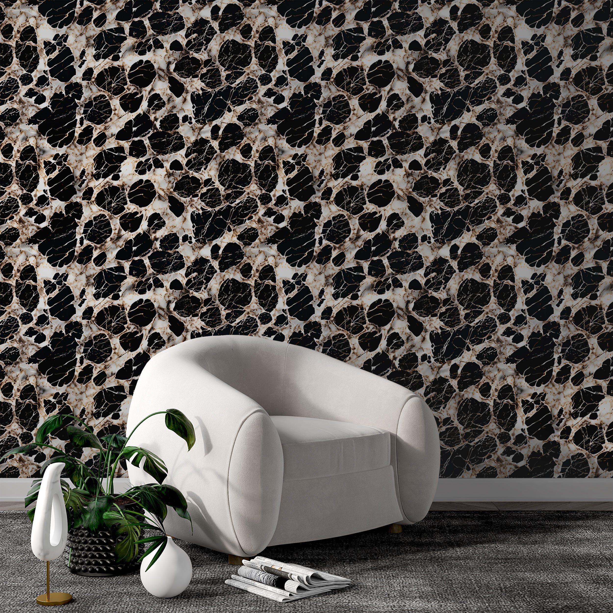 Black and white marble wallpaper with leopard print Peel and stick luxury stone wall art