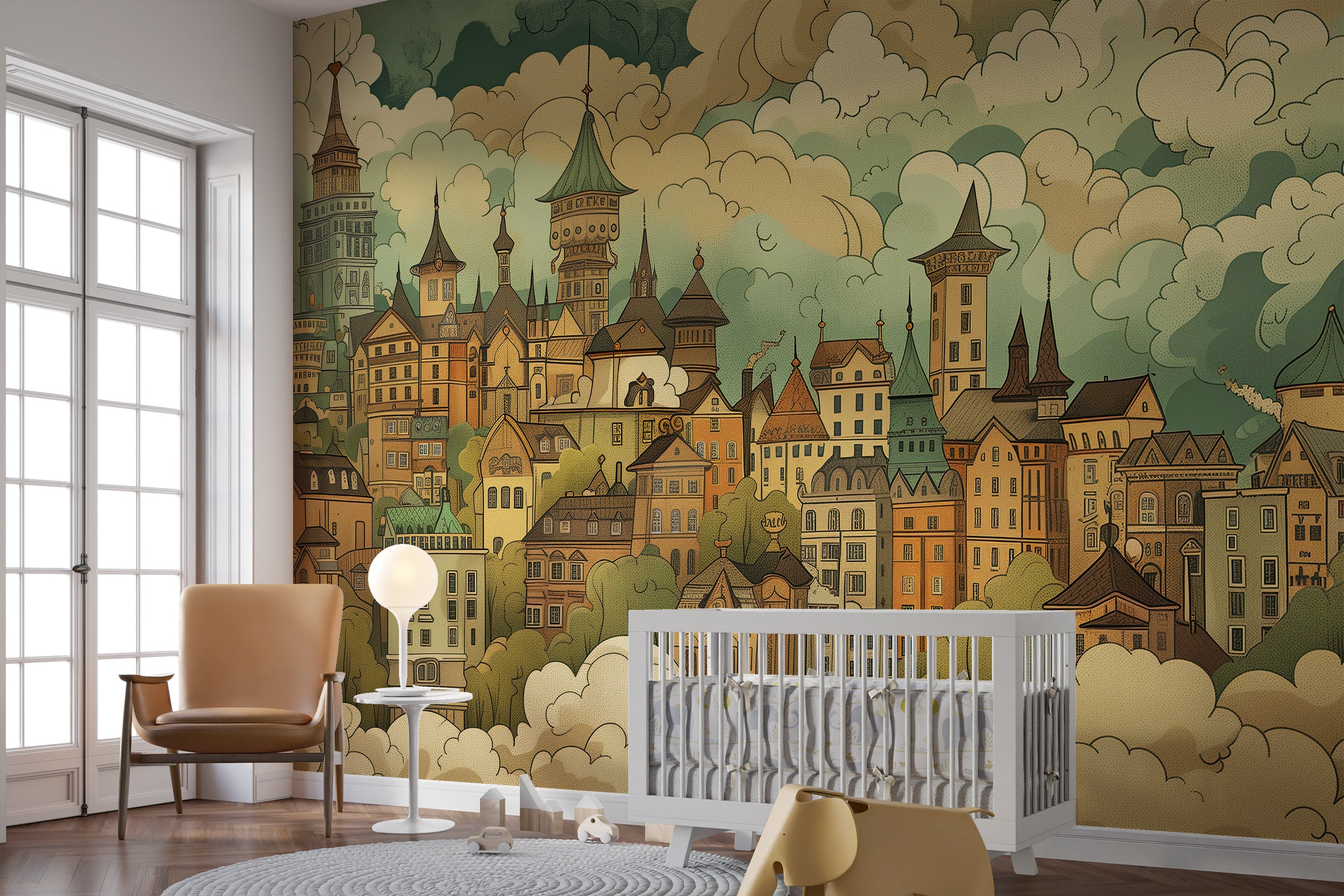 Nostalgic old town peel and stick wall art Whimsical city and clouds wallpaper for nursery