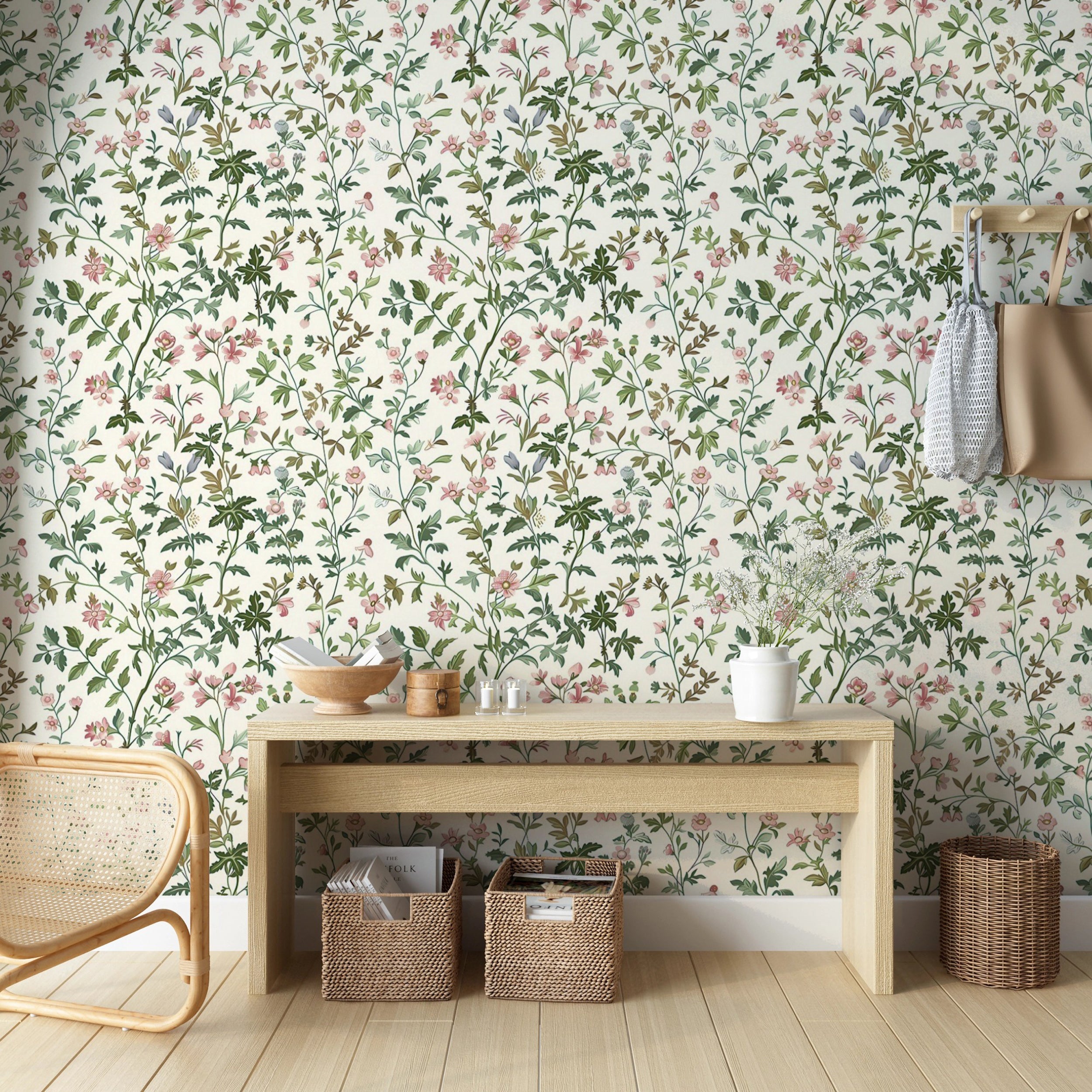 Neutral floral wallpaper for living room decor Light botanical wall decor with flowers and leaves