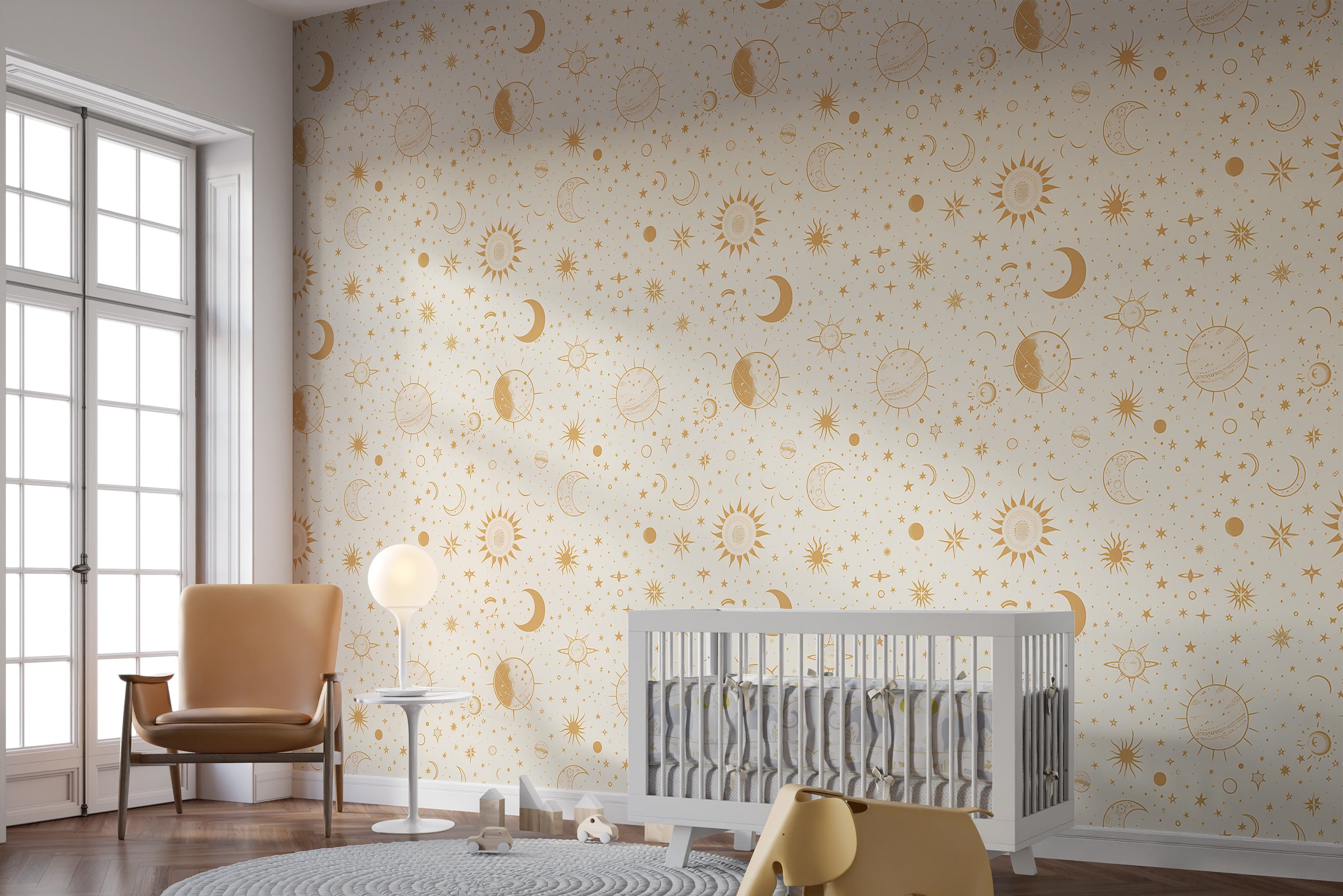 Neutral color celestial wallpaper for nurseries Whimsical planets and stars wallpaper for bedrooms