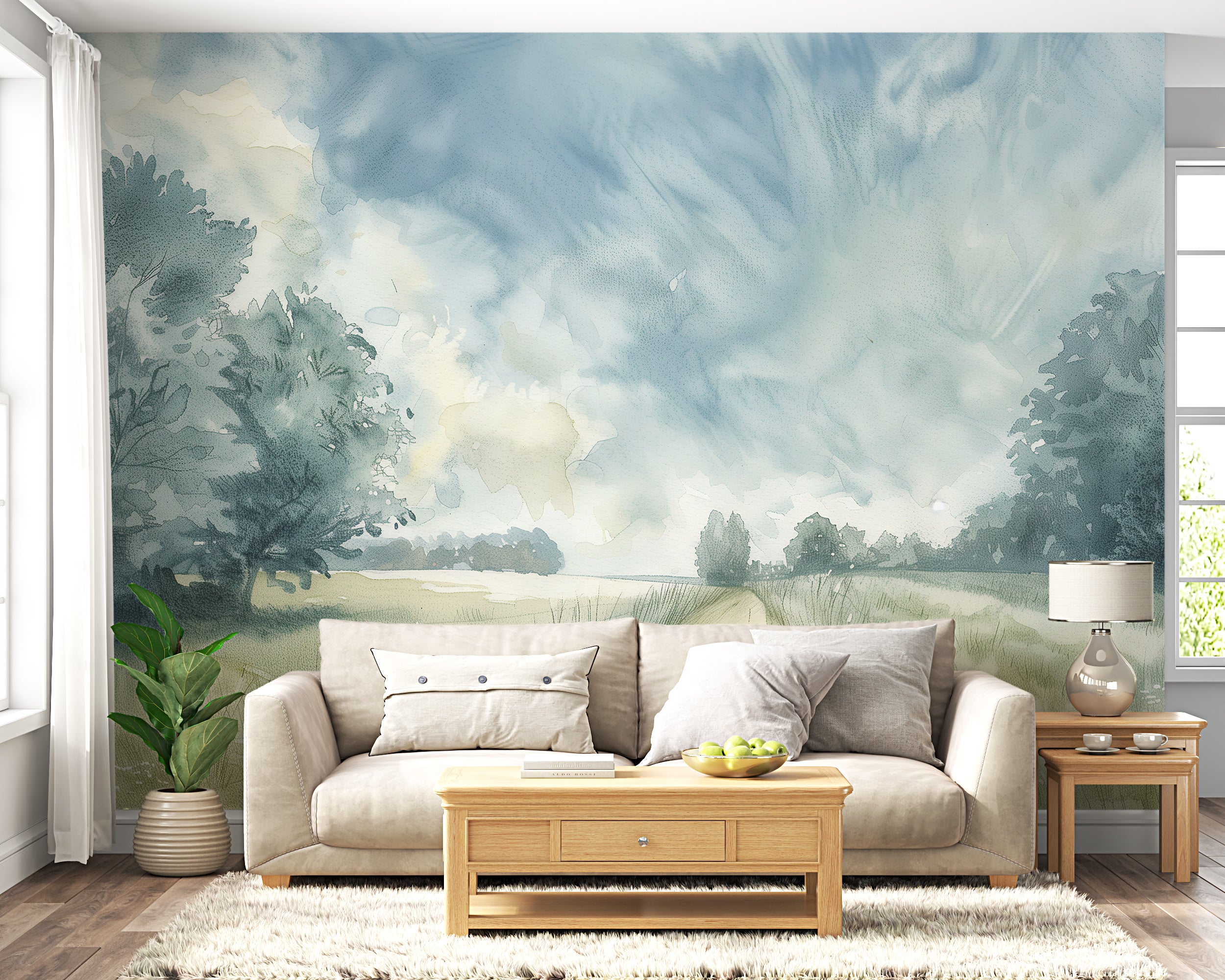 Muted scenic mural with field and trees Vintage landscape peel and stick wallpaper